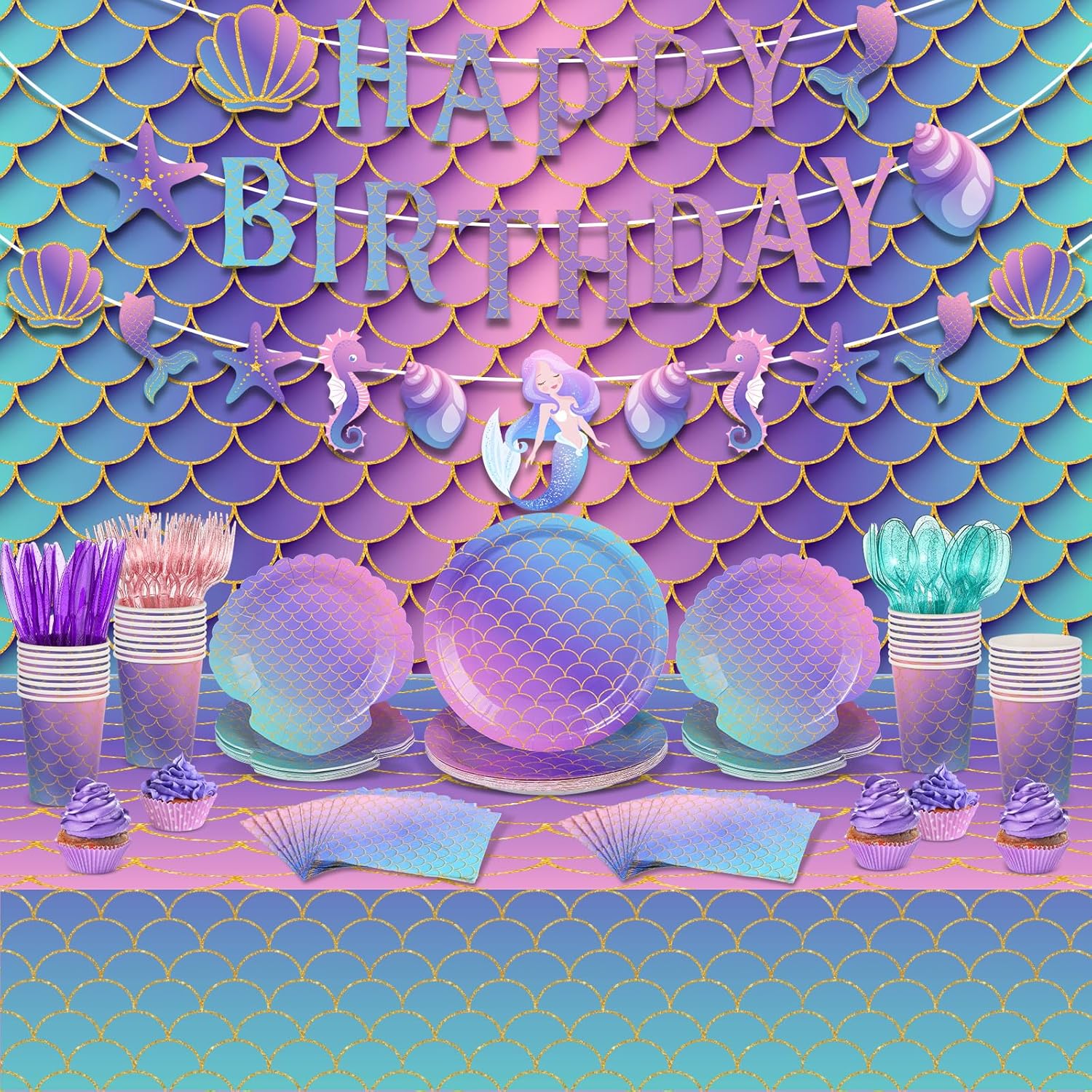 Roshtia 172 piezas de suministros para fiesta de cumpleaños de sirena (reserva 24), juego de vajilla desechable de sirena para niña, cumpleaños,