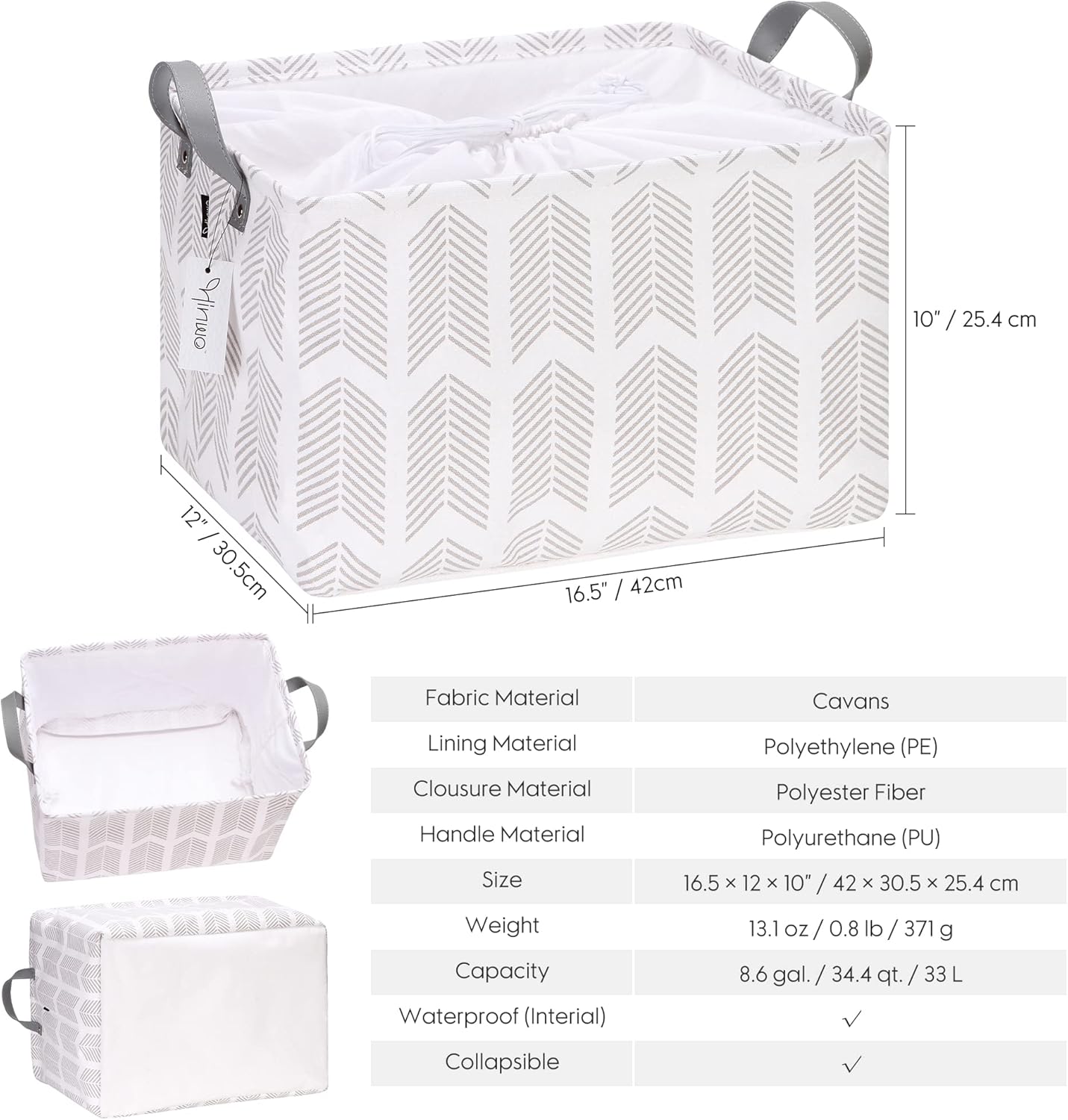 Hinwo Cesta de almacenamiento grande de tela de lona con asas, contenedor rectangular de 33L8.6 galones, caja de almacenamiento plegable, ropa,