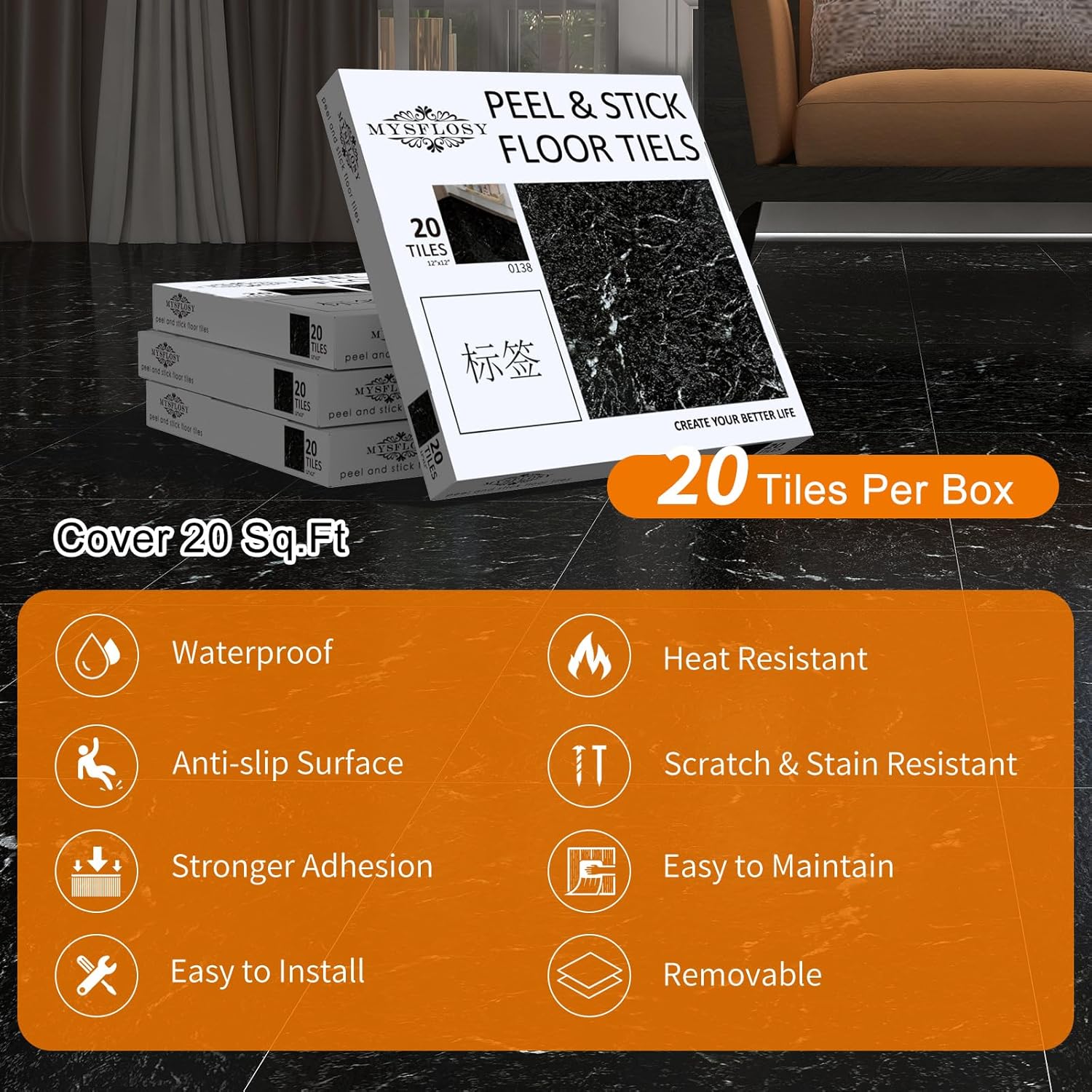 Azulejos autoadhesivos de vinilo impermeable para despegar y pegar, 12 x 12 pulgadas, color negro jade oscuro, para cocina, baños y dormitorio,
