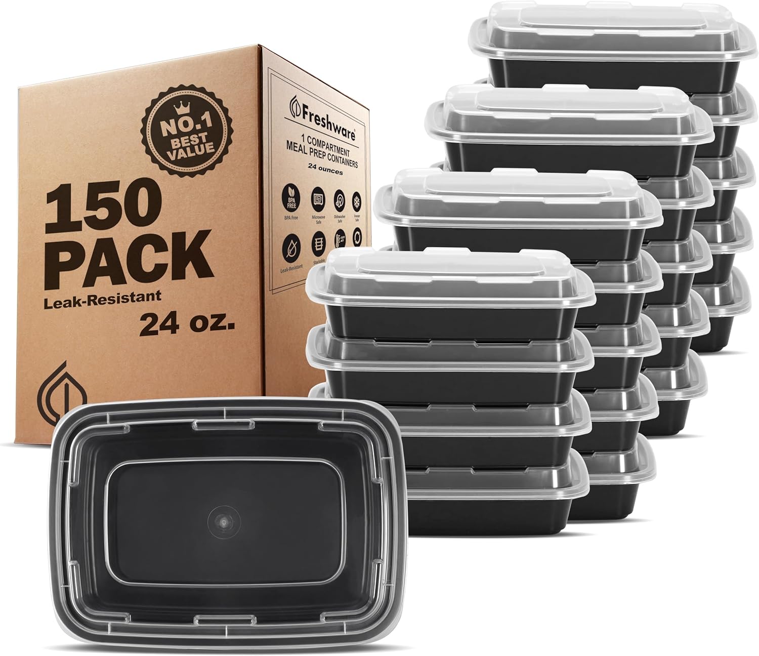 Freshware Contenedores de preparación de comidas paquete de 150 1 compartimento con tapas, contenedores de almacenamiento de alimentos, caja Bento,