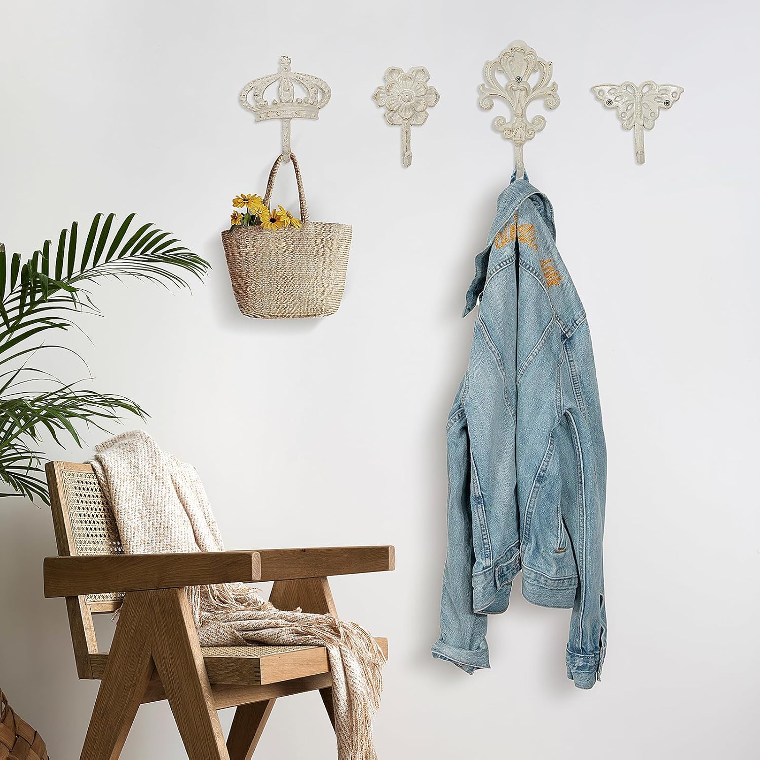 4 ganchos decorativos de pared vintage, gancho rústico de hierro fundido montado en la pared, ganchos decorativos resistentes para jardín al aire