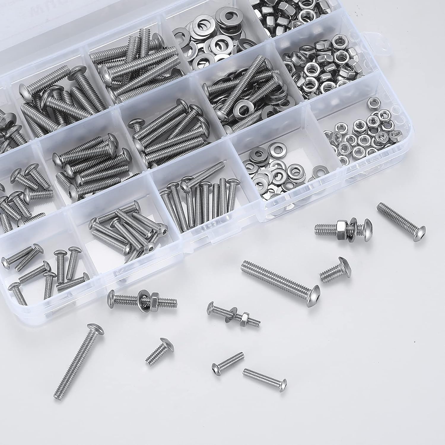 Juego surtido de 300 tornillos y tuercas y arandelas planas, tornillos de cabeza hexagonal de acero inoxidable M3M4M5, tornillos y arandelas de