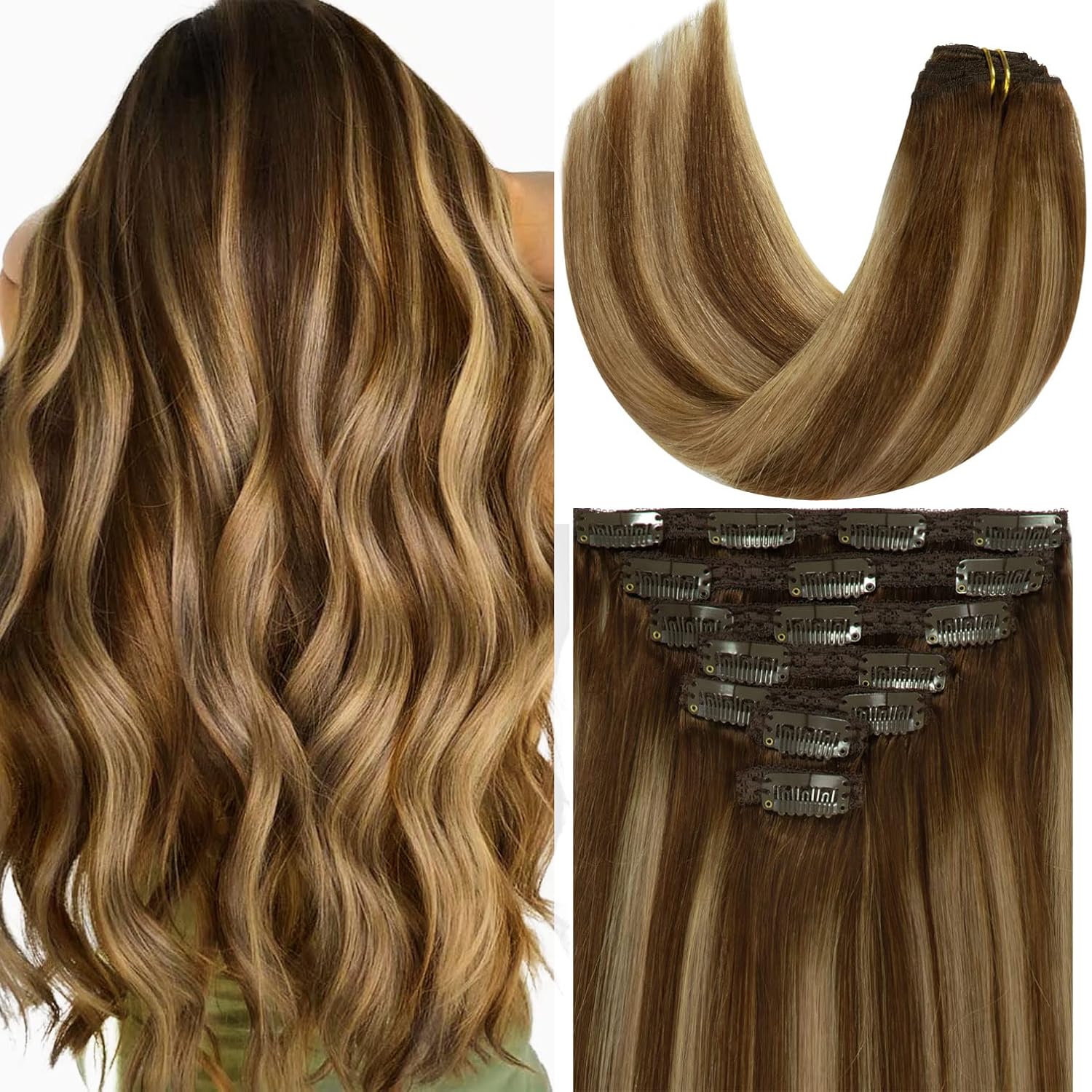 Loxxy Extensiones de cabello humano ombré marrón chocolate a rubio caramelo, gruesas, sedosas, lacias, con clip de doble trama, extensiones de
