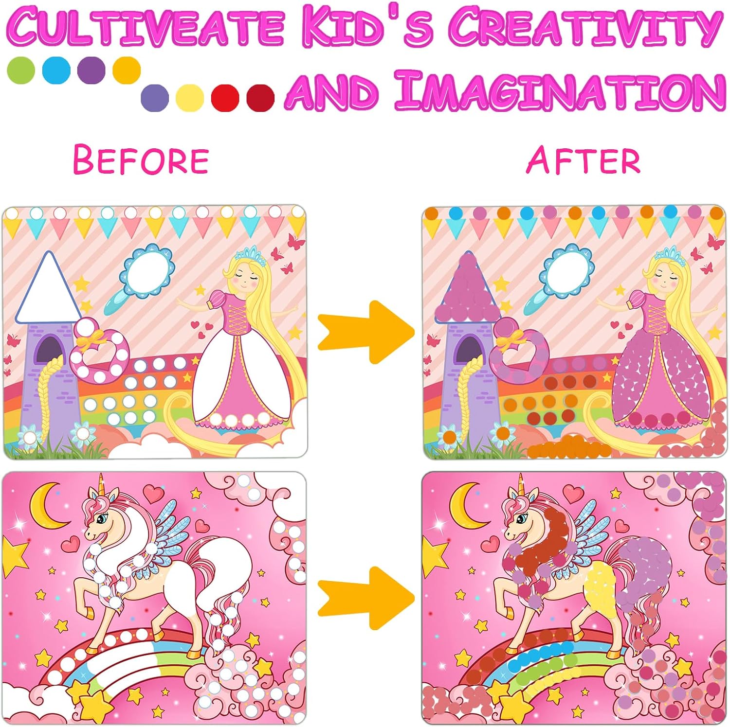 Weipbwor DIY Dot Sticker Art Craft, 12 imágenes temáticas de unicornio y princesa sirena, arte adhesivo sin ensuciar, juegos de iluminación, viajes