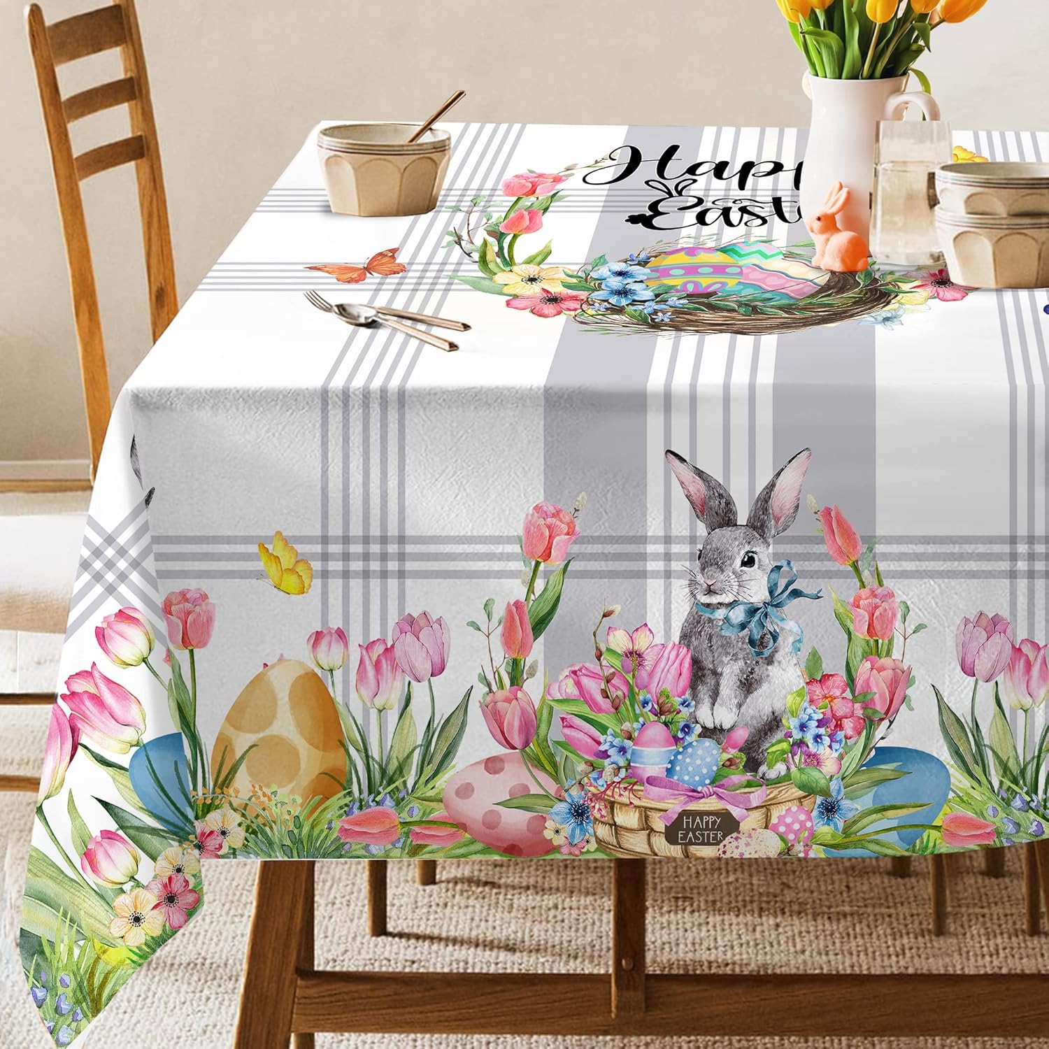 Hexagram Mantel de Pascua, mantel rectangular de 52 x 70 pulgadas, tela de primavera, decoración de conejito para cena, fiestas