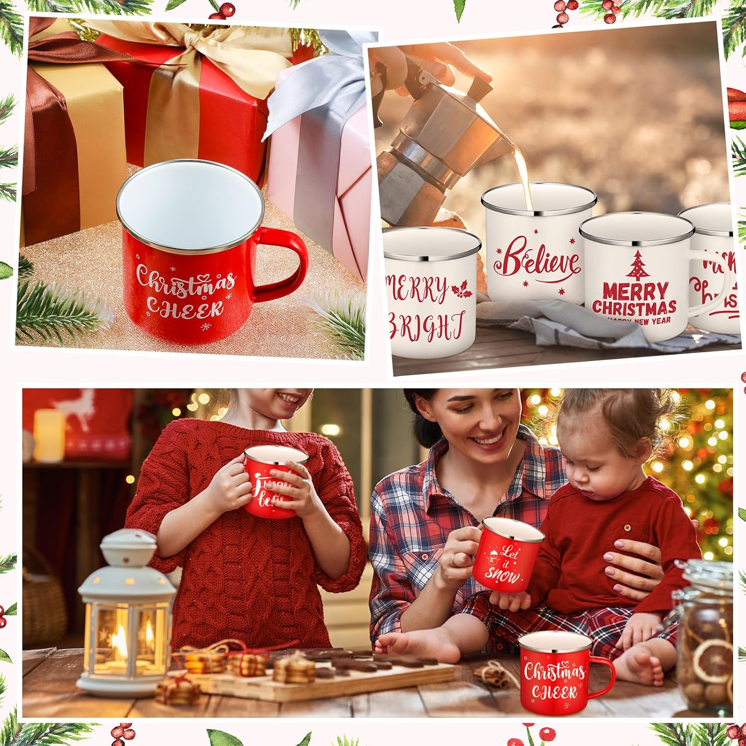 12 tazas de café de Navidad esmaltadas de invierno con citas de 12 onzas, tazas blancas y rojas, divertidas tazas de café de Navidad para mujeres,