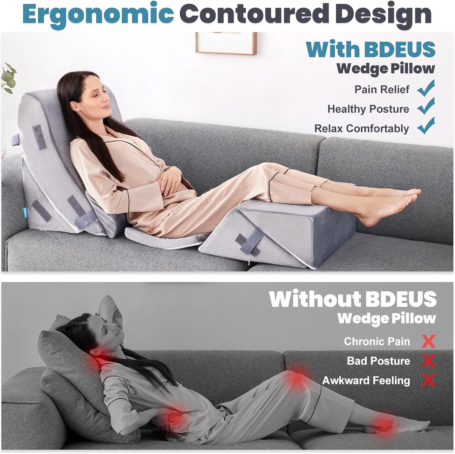 BDEUS Juego de 6 almohadas ortopédicas extra anchas de espuma viscoelástica de 25 pulgadas para dormir después de la cirugía, alivio del dolor,