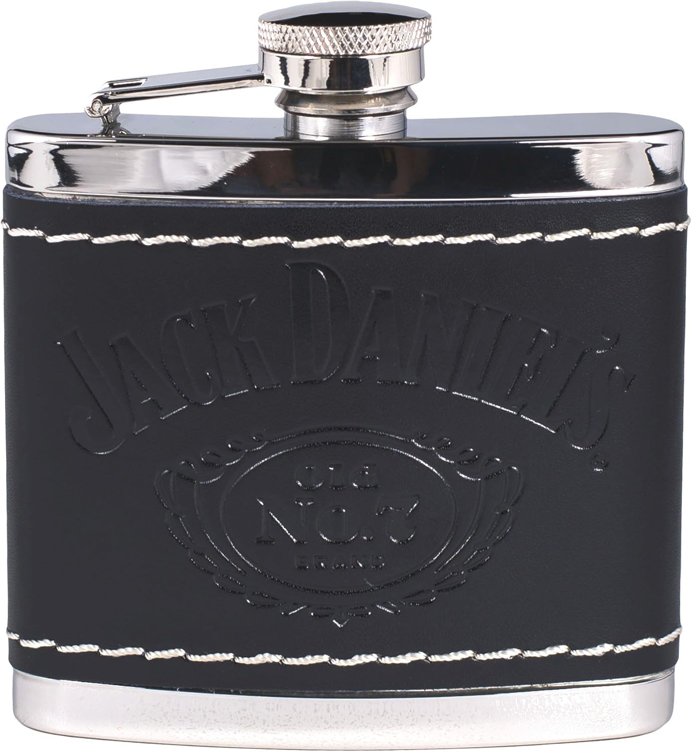 Jack Daniel’s Frasco de acero inoxidable envuelto en cuero negro