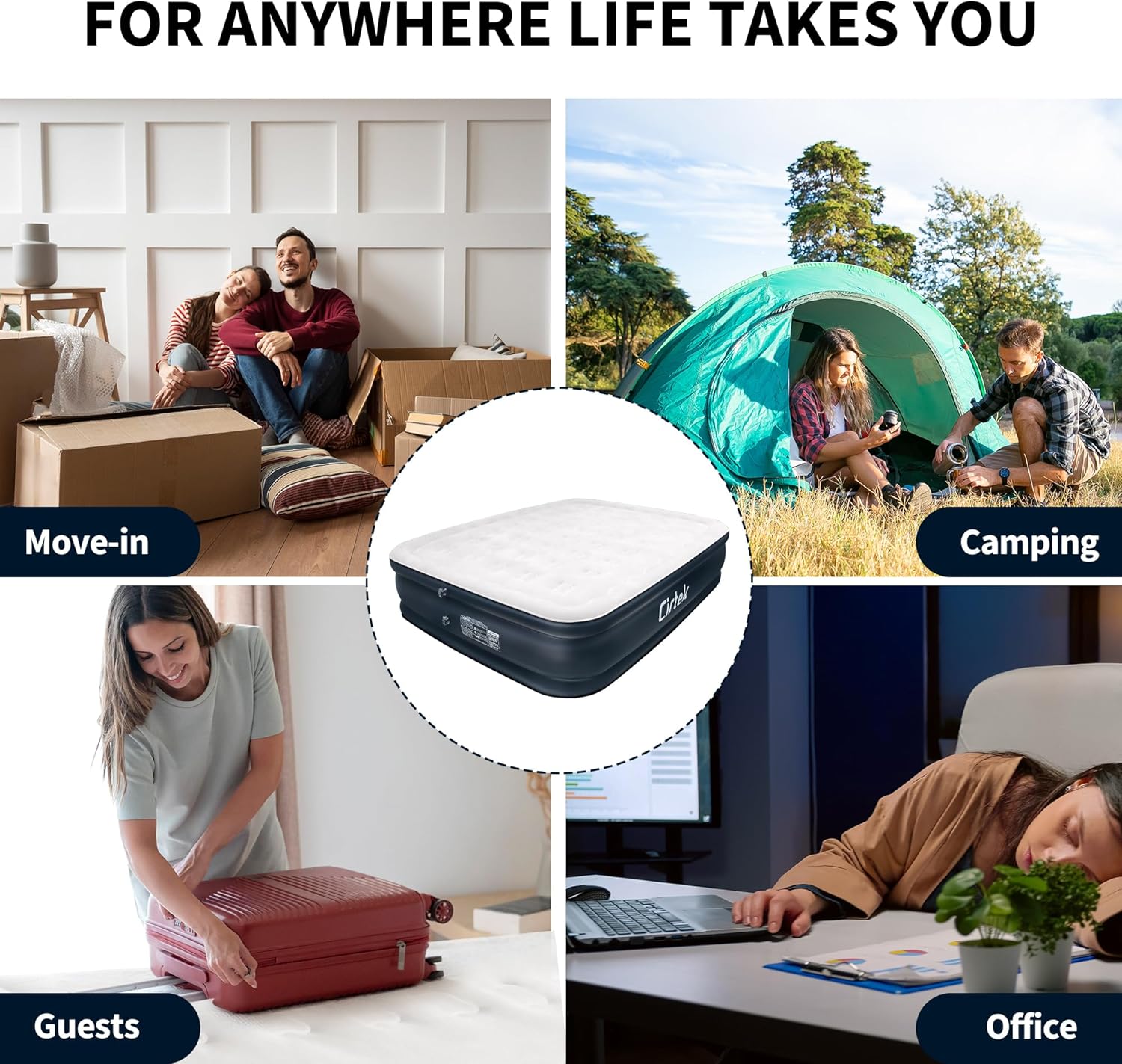 Cirtek Colchón inflable Queen de 18 pulgadas para campamento, viajes, dormir, colchón inflable de tamaño portátil con bomba eléctrica, cama de aire