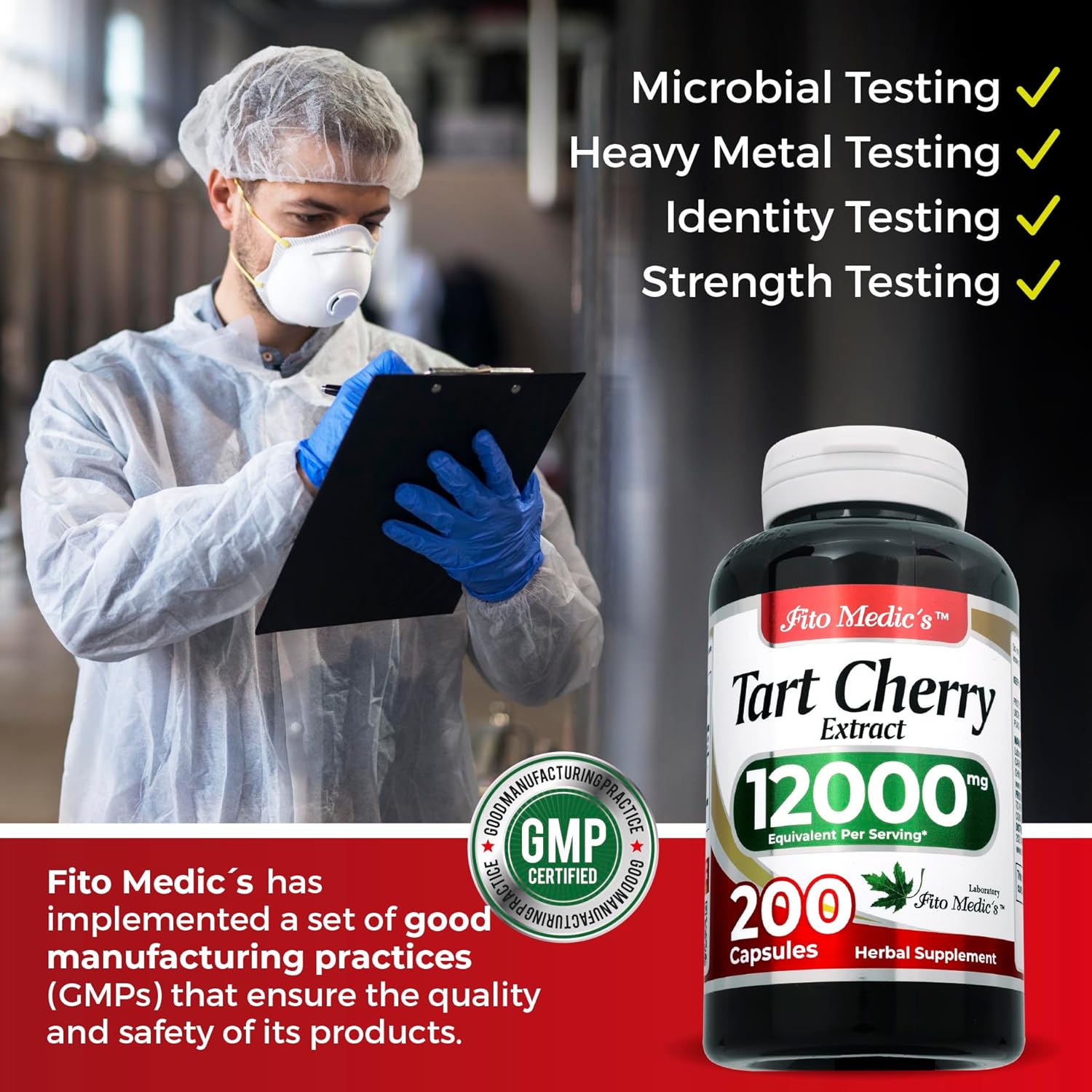 FITO MEDIC’S Laboratorio  Cápsulas de cereza agria  200 cápsulas  12000 mg  cereza agria  extracto de cereza  extracto de cereza  extracto de