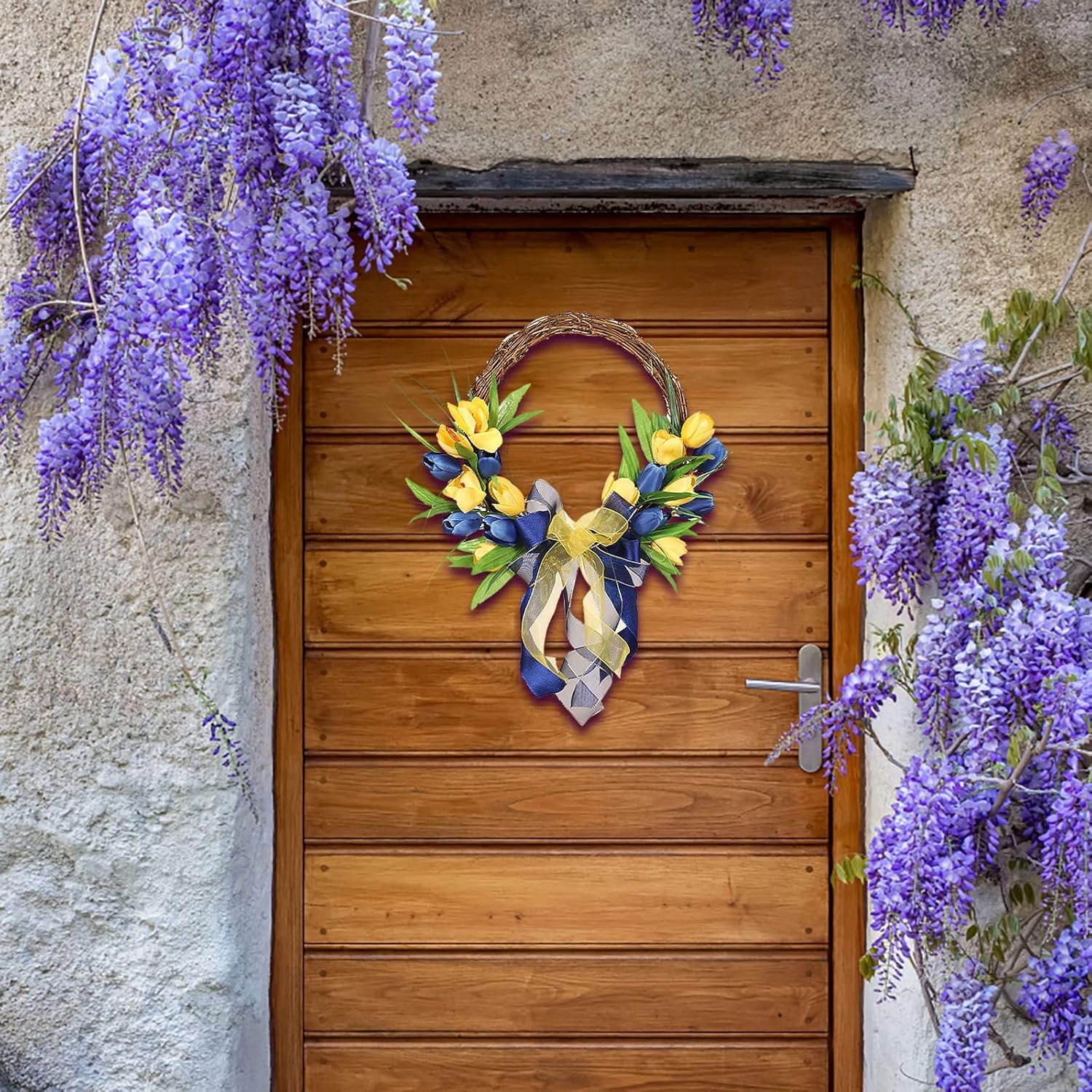 Corona de puerta delantera, corona amarilla y azul, corona de granja para puerta delantera, hogar, pared, boda, mesa, decoración de verano, coronas