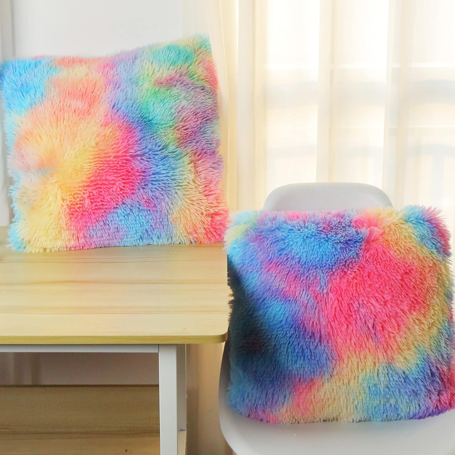 Almohadas esponjosas para decoración de habitación de niña para cama, funda de almohada suave de piel sintética para sofá rosa arcoíris, juego de 2