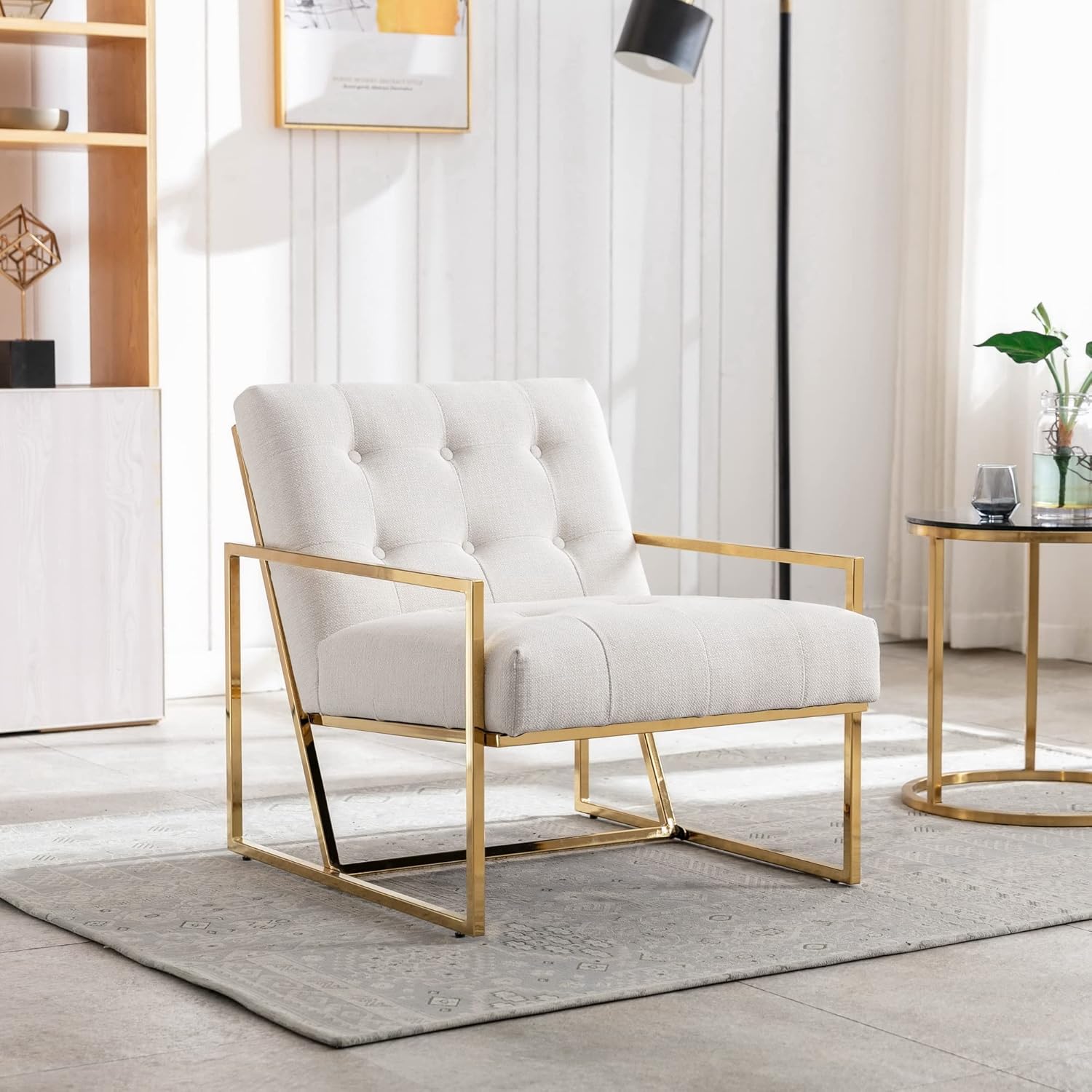 Wahson Sillón moderno, sillón tapizado de lino retro, con marco de metal con acabado dorado, cómodo sillón grande para ocio, sala de