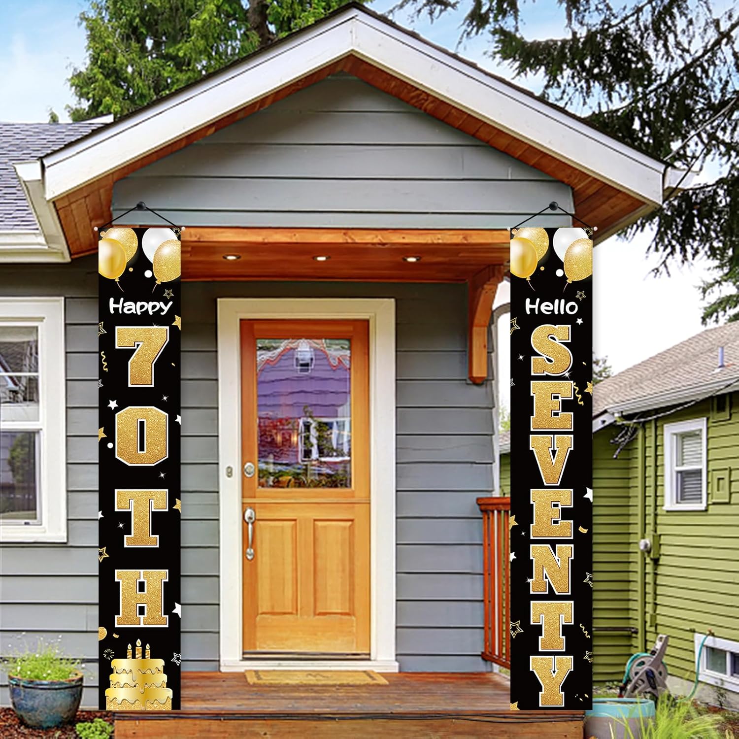 Cartel de 70 cumpleaños para puerta para mujeres y hombres, color negro y dorado con texto en inglés “Hello Seventy Porch”, suministros de fiesta,