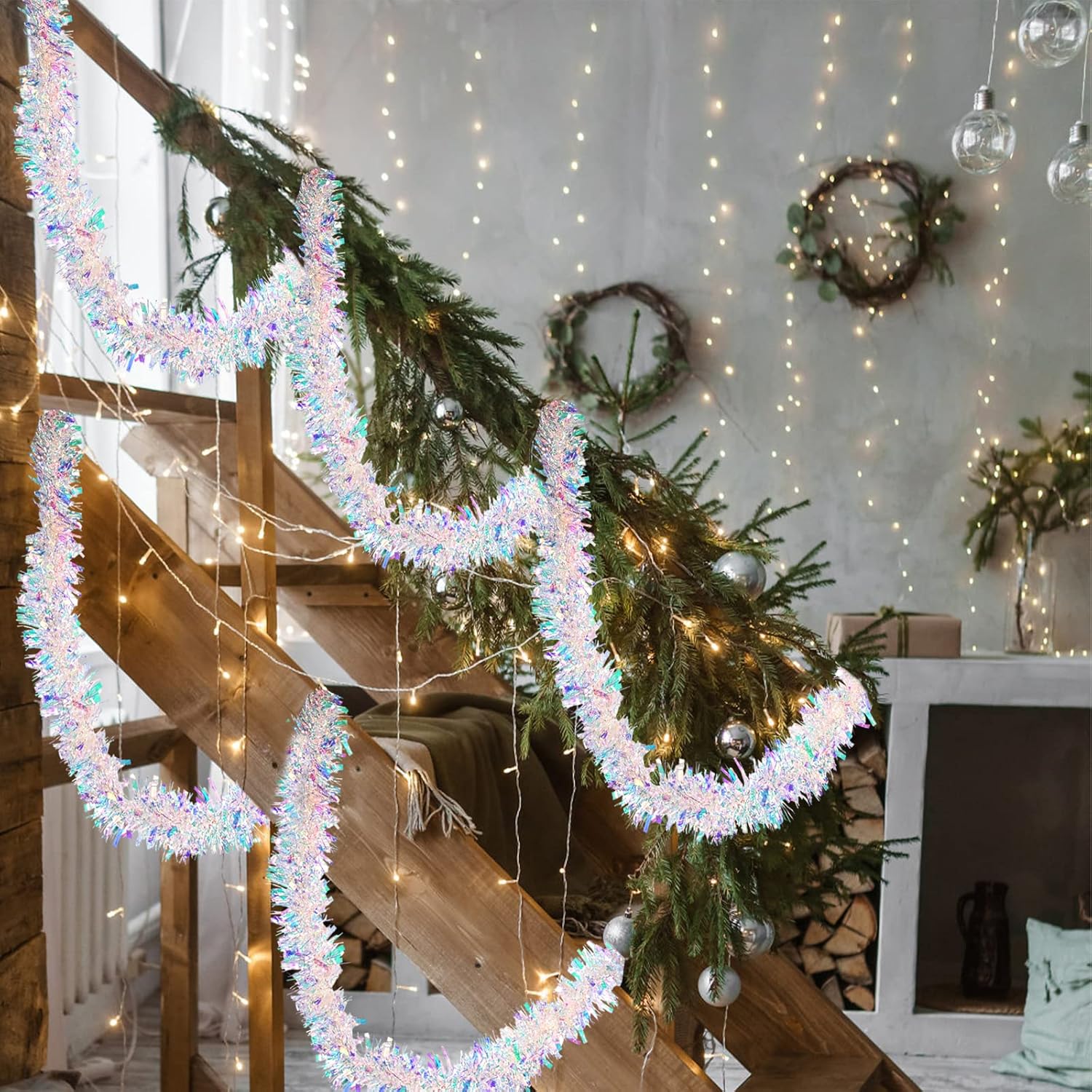 Guirnalda de oropel de Navidad de 20 pies  19.7 ft, guirnalda colgante metálica iridiscente para árbol de Navidad, chimenea, chimenea, decoración