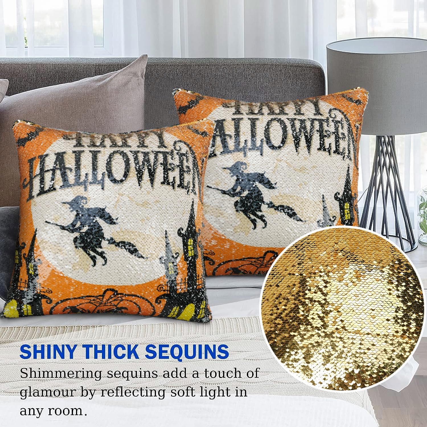 Pyonic Fundas de almohada de lentejuelas reversibles para decoración de Halloween, 16 x 16 pulgadas, fundas de almohada cuadradas con purpurina