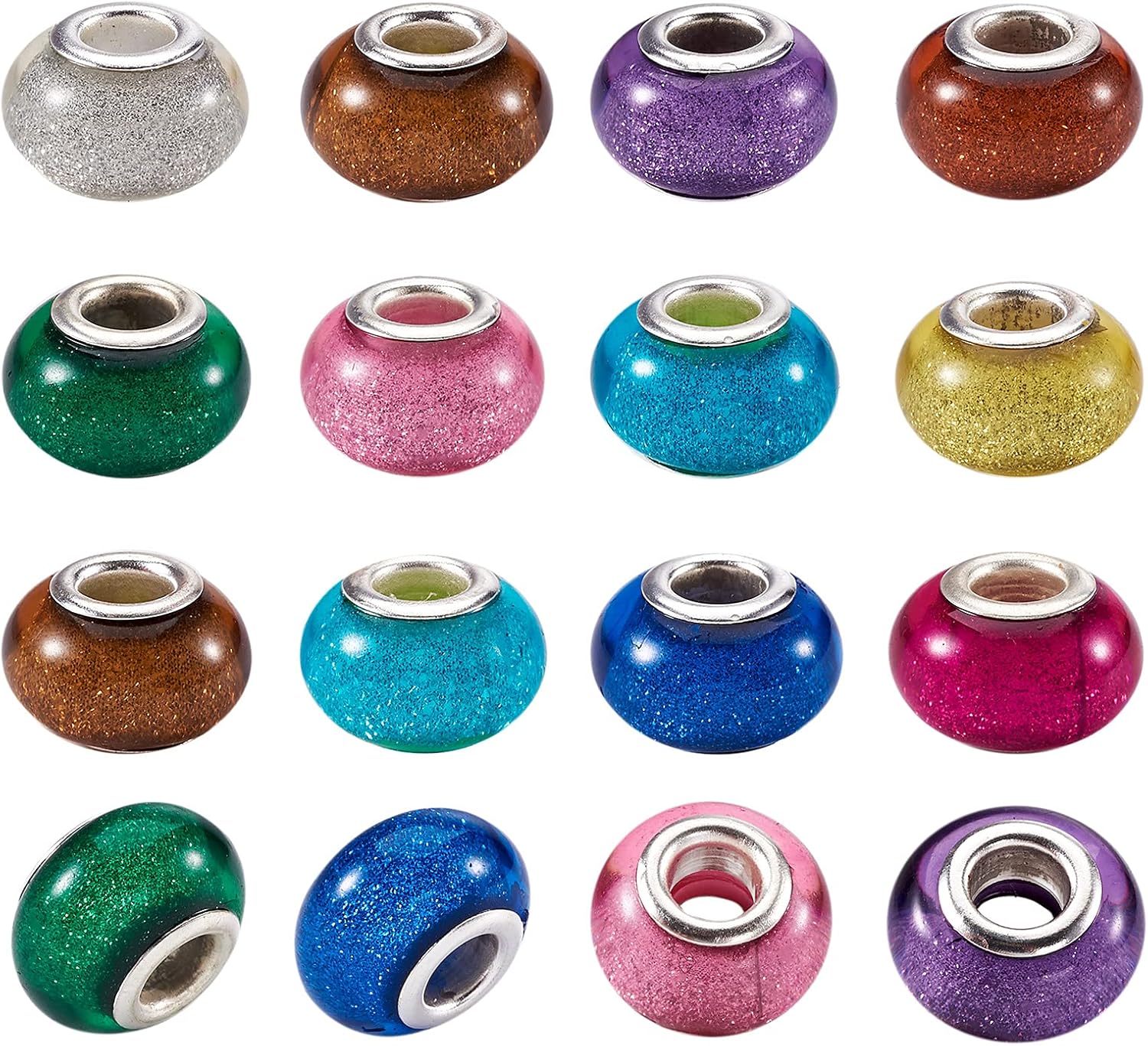 Beadthoven 100 cuentas europeas acrílicas de color mixto con agujero grande con latón plateado doble núcleos de 0.551 x 0.354 in, patrón surtido de