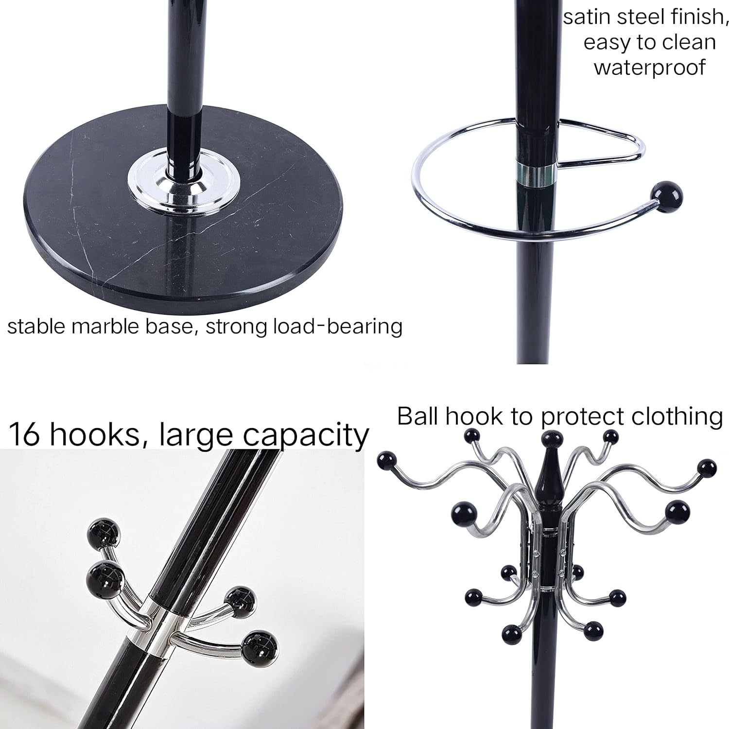 Perchero de metal de 67 pulgadas con base de mármol de acero satinado con 16 ganchos, perchero de metal para sombreros de árbol y perchero para