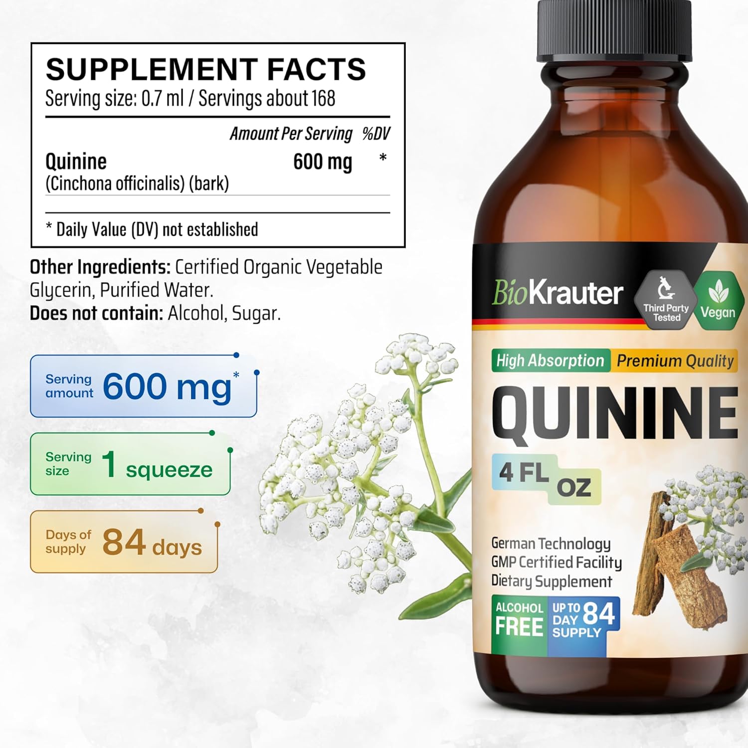 MAUWE HERBS Extracto líquido para aliviar los calambres en las piernas de quinina, gotas de corteza de Cinchona Officinalis, tintura de quinina