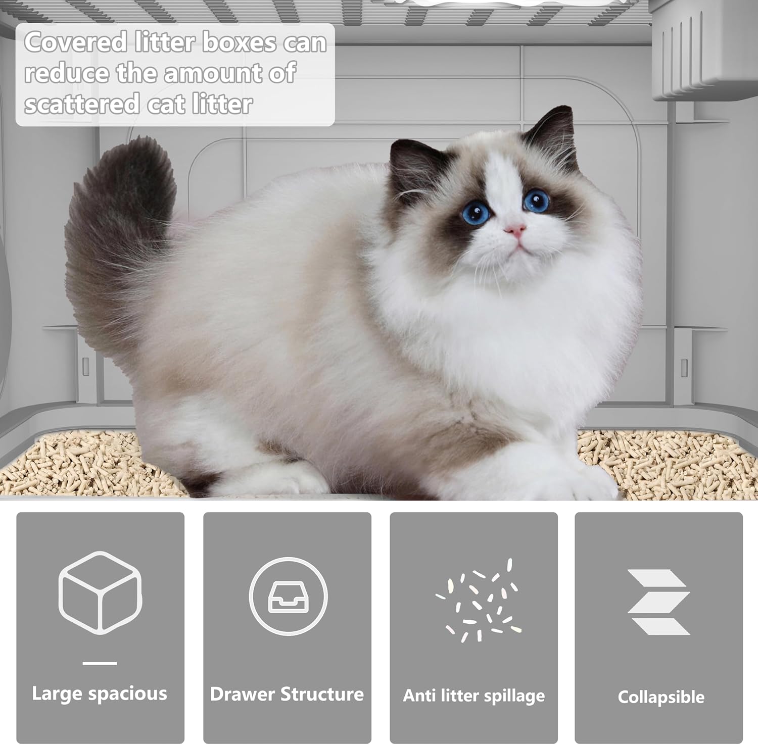 Caja de arena para gatos con alfombrilla de arena para gatos y cuchara, caja de arena plegable grande con tapa, caja de arena para gatos de salida