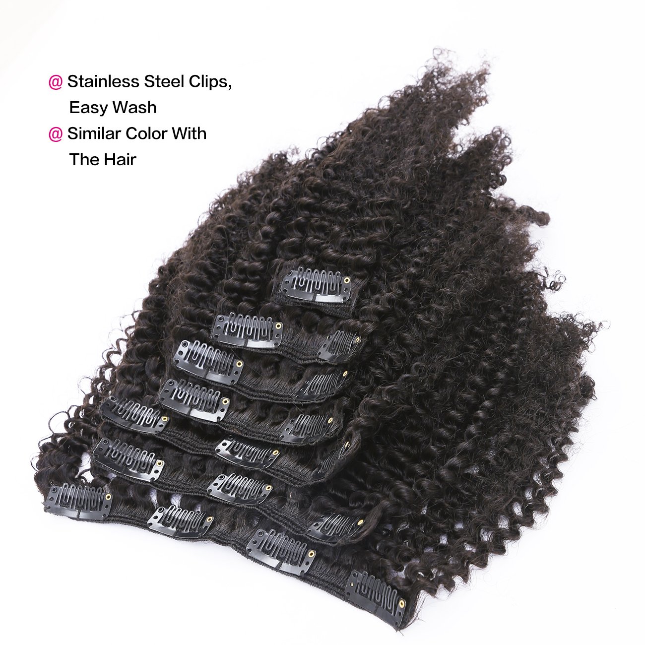 Anrosa Extensiones de cabello rizado tipo afro 3C 4A con clip, extensiones de cabello humano para mujeres negras, color natural Remy real 1B, negro