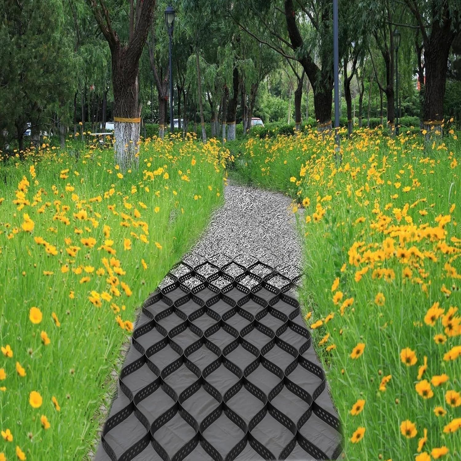 Geocells – Rejilla de grava para jardín, caminos para caminar, con orificio de drenaje de 2.0 in, geomalla de estabilización de polietileno, zonas