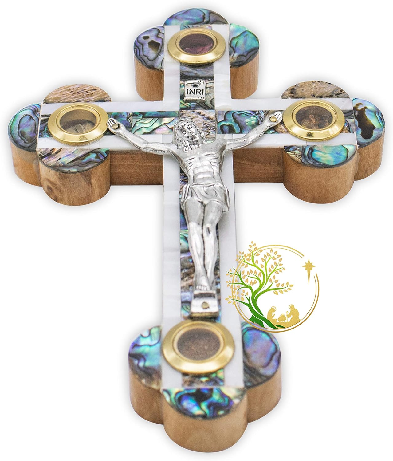 Cruz de madreperla católica de madera de olivo – Crucifijo de pared con reliquias de Tierra Santa