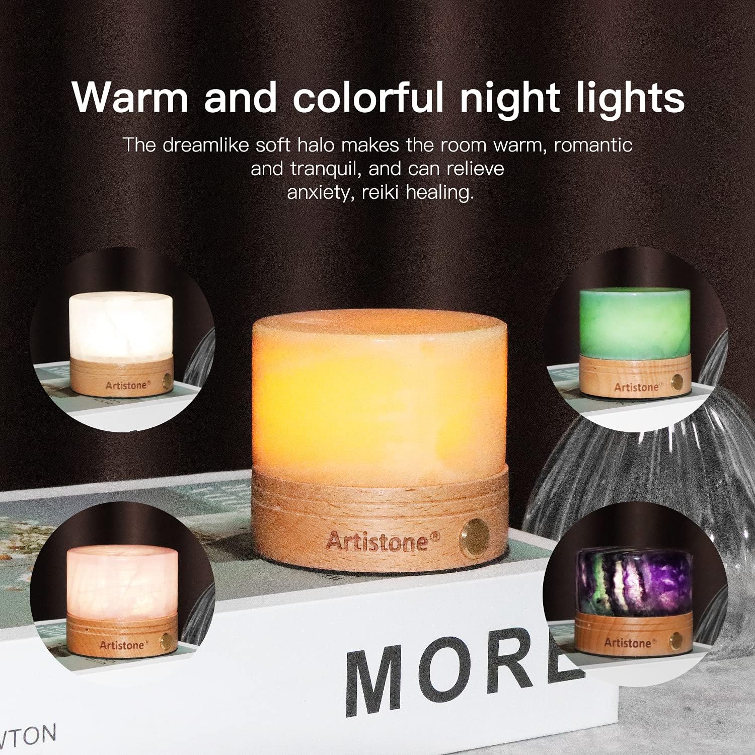 Artiistone Luz nocturna de piedra de cristal con sensor táctil de base de madera, recargable por USB, cristales curativos naturales, lámpara LED,