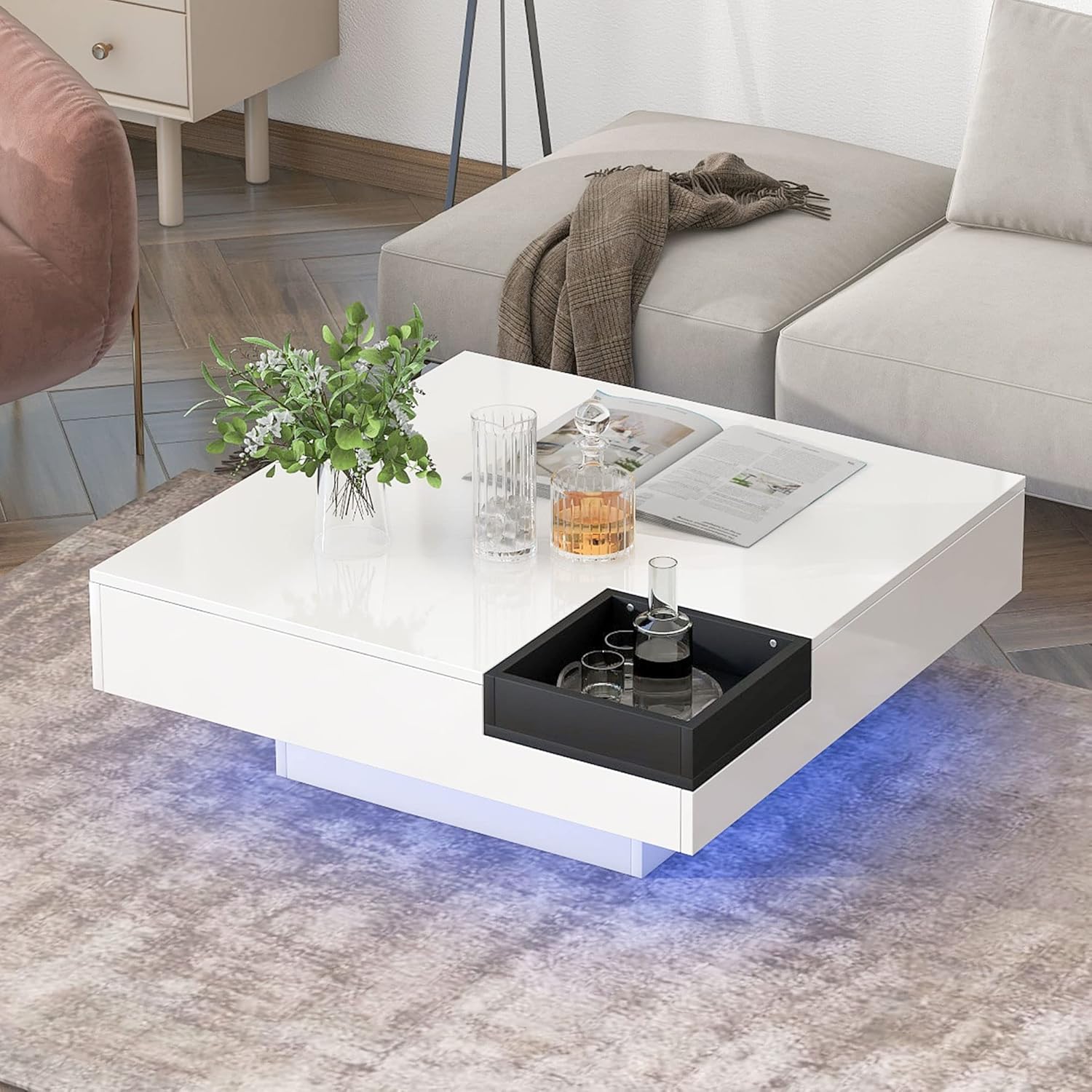 Harper & Bright Designs Mesa auxiliar de cóctel con luces LED de 16 colores, mesa de centro cuadrada de alto brillo UV, mesa central para sala de