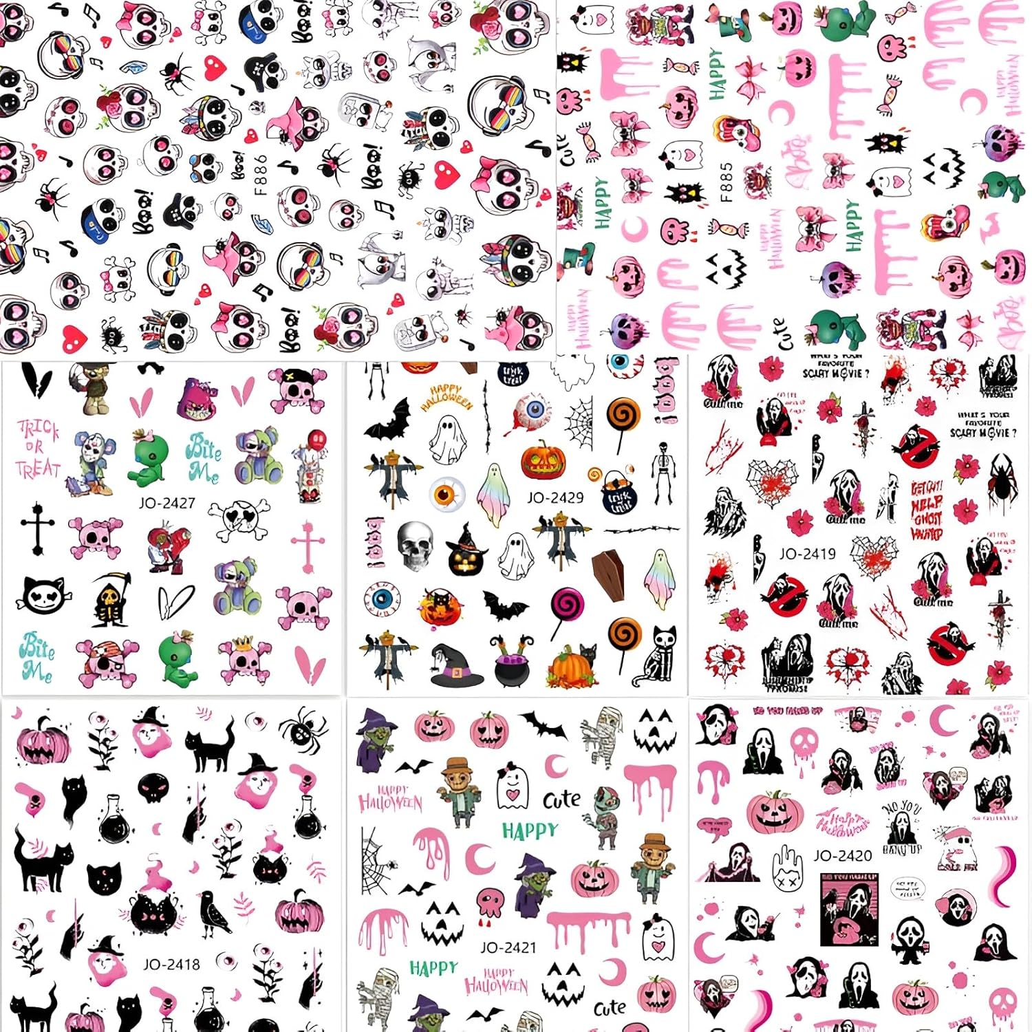 8 hojas de calcomanías de arte de uñas de Halloween, diseño de calavera rosa, fantasma, araña, calabaza, calabaza, suministros de arte de uñas,