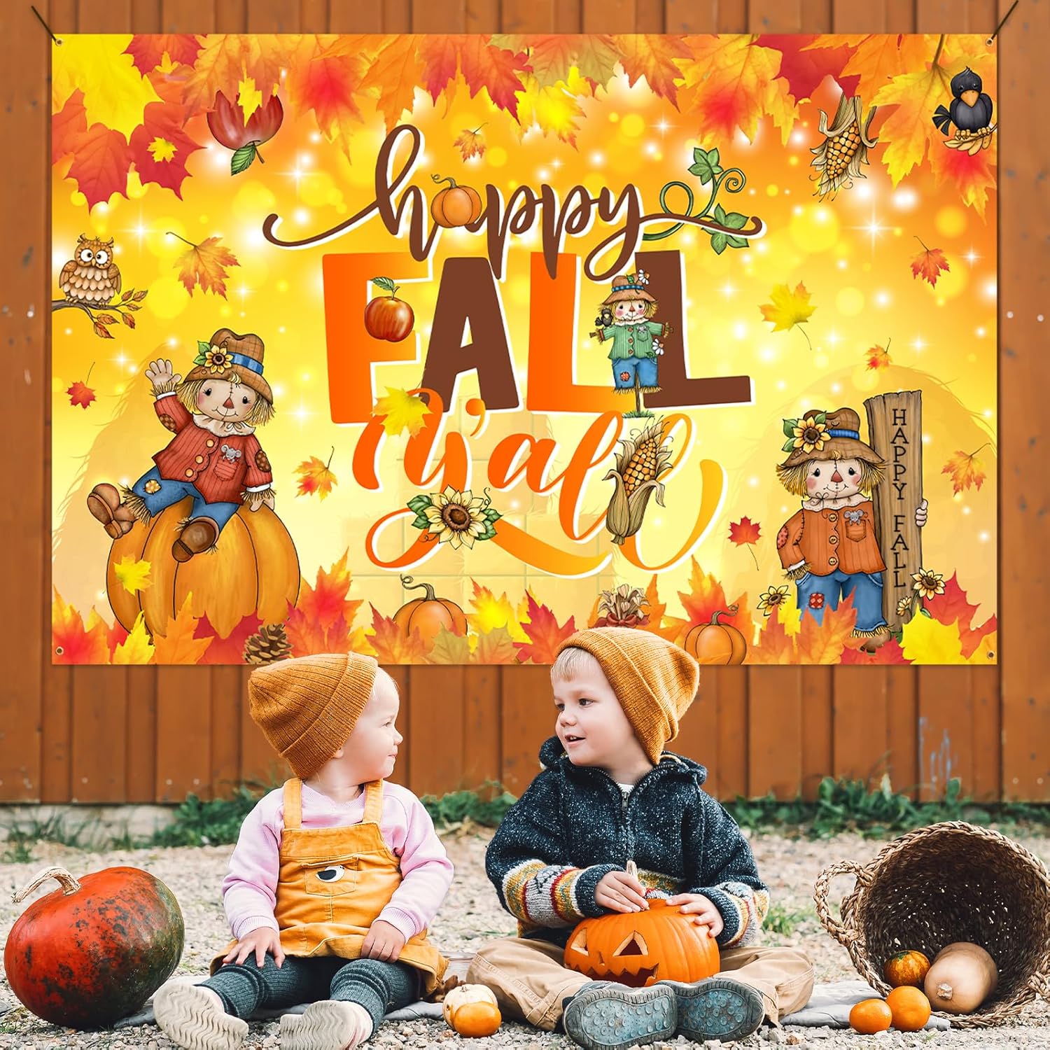 Cartón de fondo con texto en inglés Happy Fall Y’all, decoración de fiesta de Acción de Gracias, hojas de arce, calabaza, fondo de fotos para