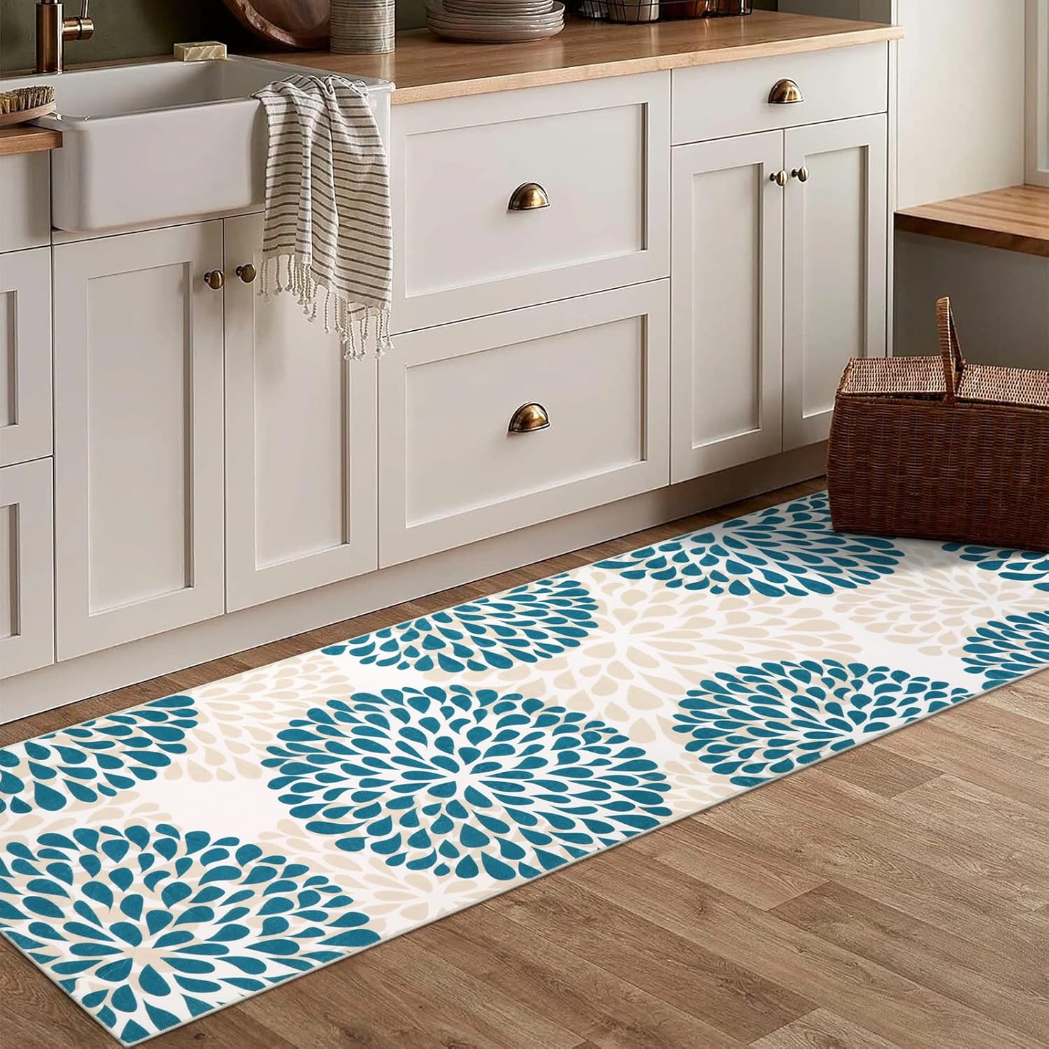 Alfombra de pasillo lavable de 2.5 x 8 pulgadas, moderna alfombra floral para pasillo, suave, antideslizante, de pelo bajo, alfombra de cocina