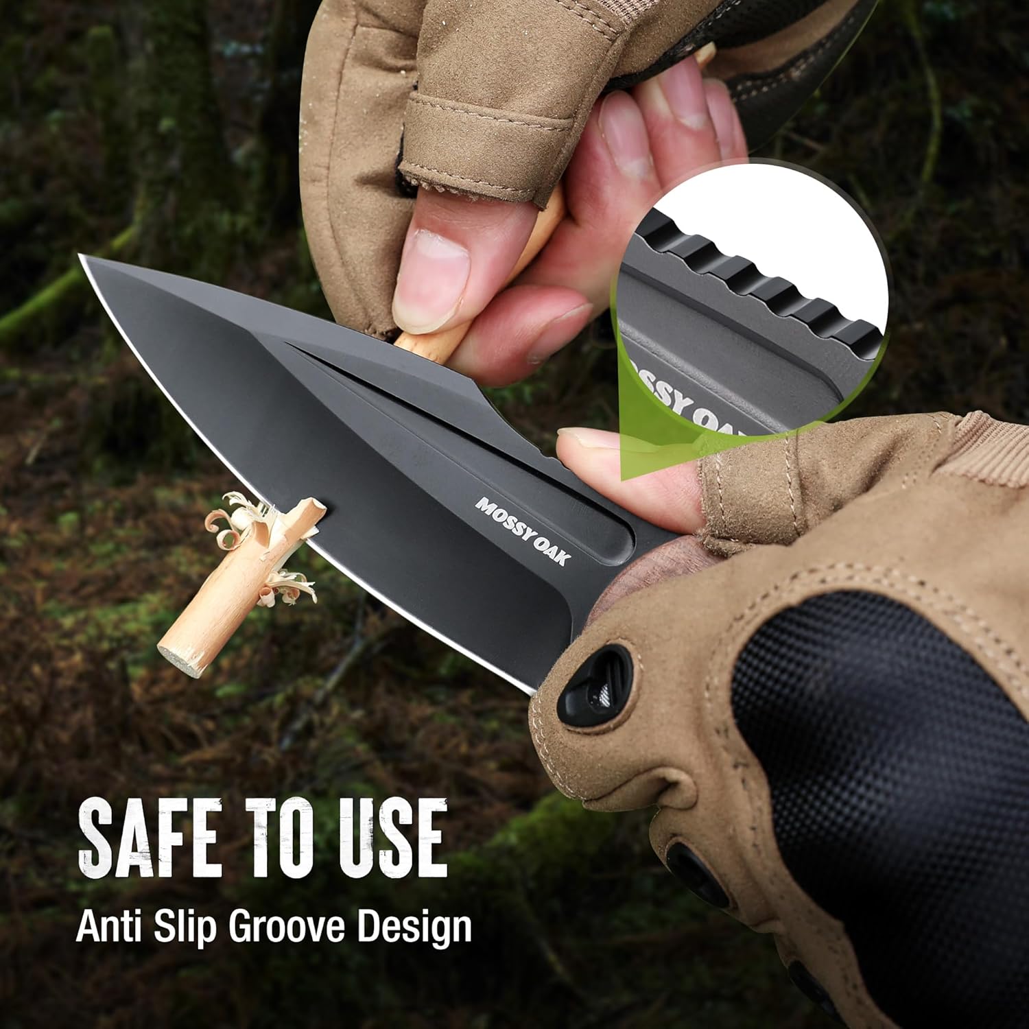 Mossy Oak Cuchillo de hoja fija de 8.5″ con funda de cuero-mango de madera