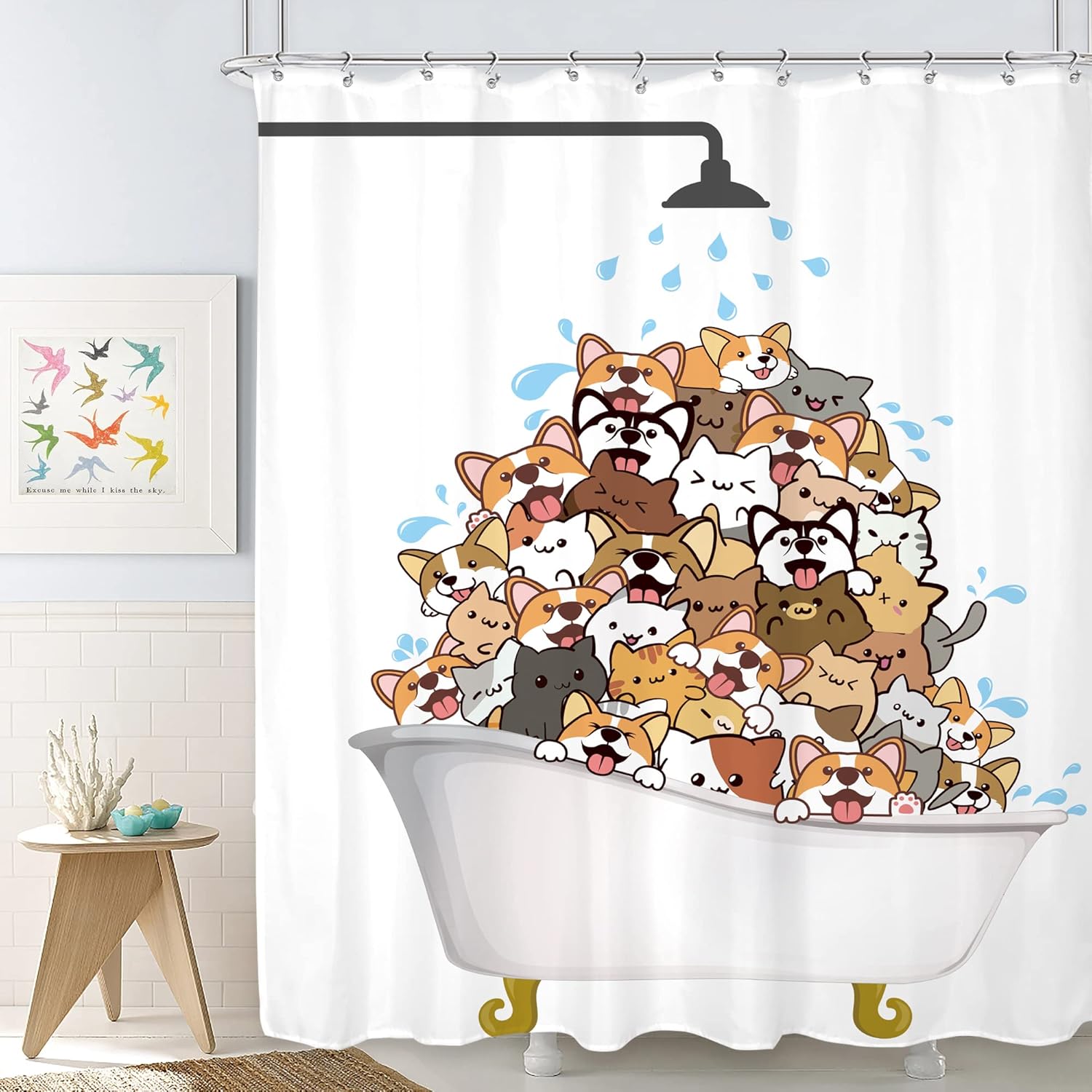 SVBright Cortina de ducha de gatos y perros, diseño de Corgi de dibujos animados para niños, 72 pulgadas de ancho x 72 pulgadas de largo, divertidas