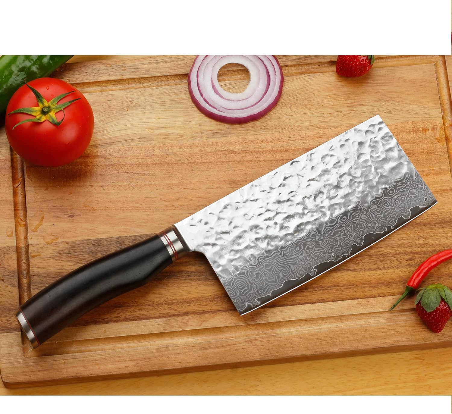 YOUSUNLONG Carne Cleaver – Cuchillo chino para verduras de 7 pulgadas, acero de damasco martillado japonés, mango de madera de plomo natural