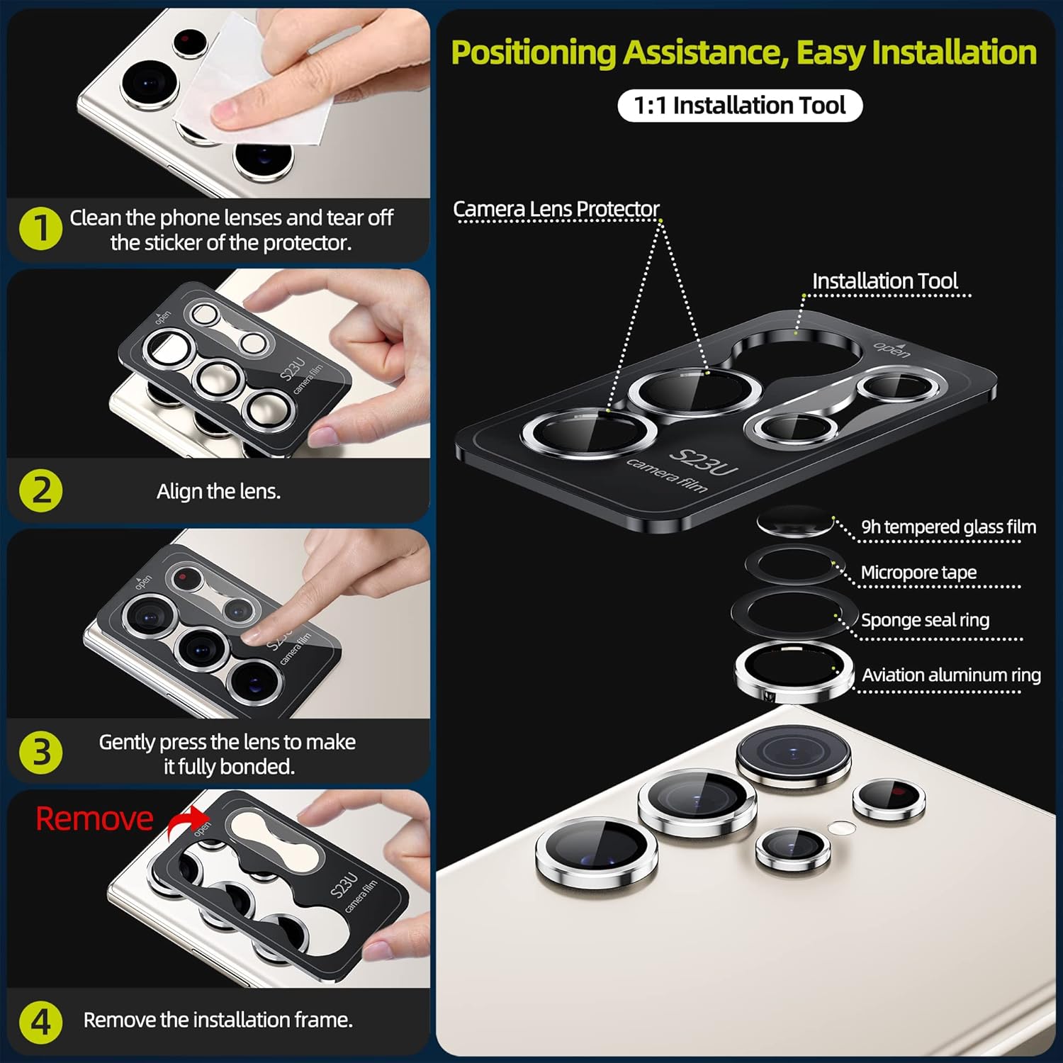 WSKEN Protector de lente de cámara para Samsung Galaxy S23 Ultra, modo de disparo nocturno Resistente a los arañazos HD de vidrio templado de metal