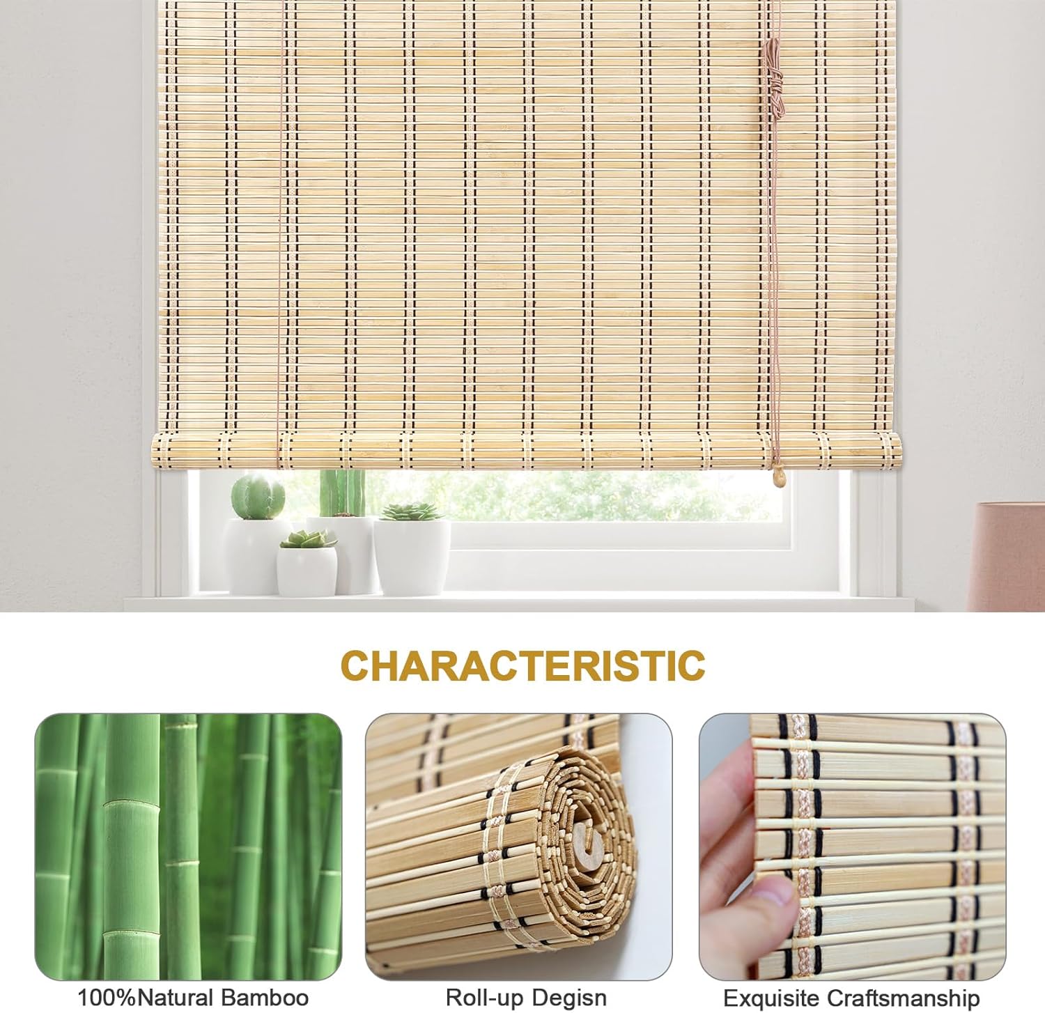HIAPES Persianas de bambú, persianas de bambú para ventanas interiores, persianas de bambú para patio, persianas de bambú para ventanas, tamaño