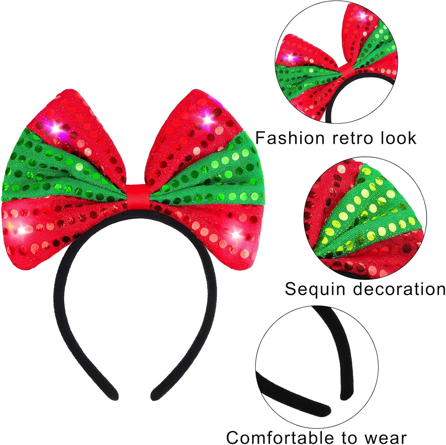 ELCOHO Paquete de 6 diademas LED de Navidad con luz para disfraz de reno, lazo de Navidad, disfraz de elfo, bandas para el pelo para fiestas de