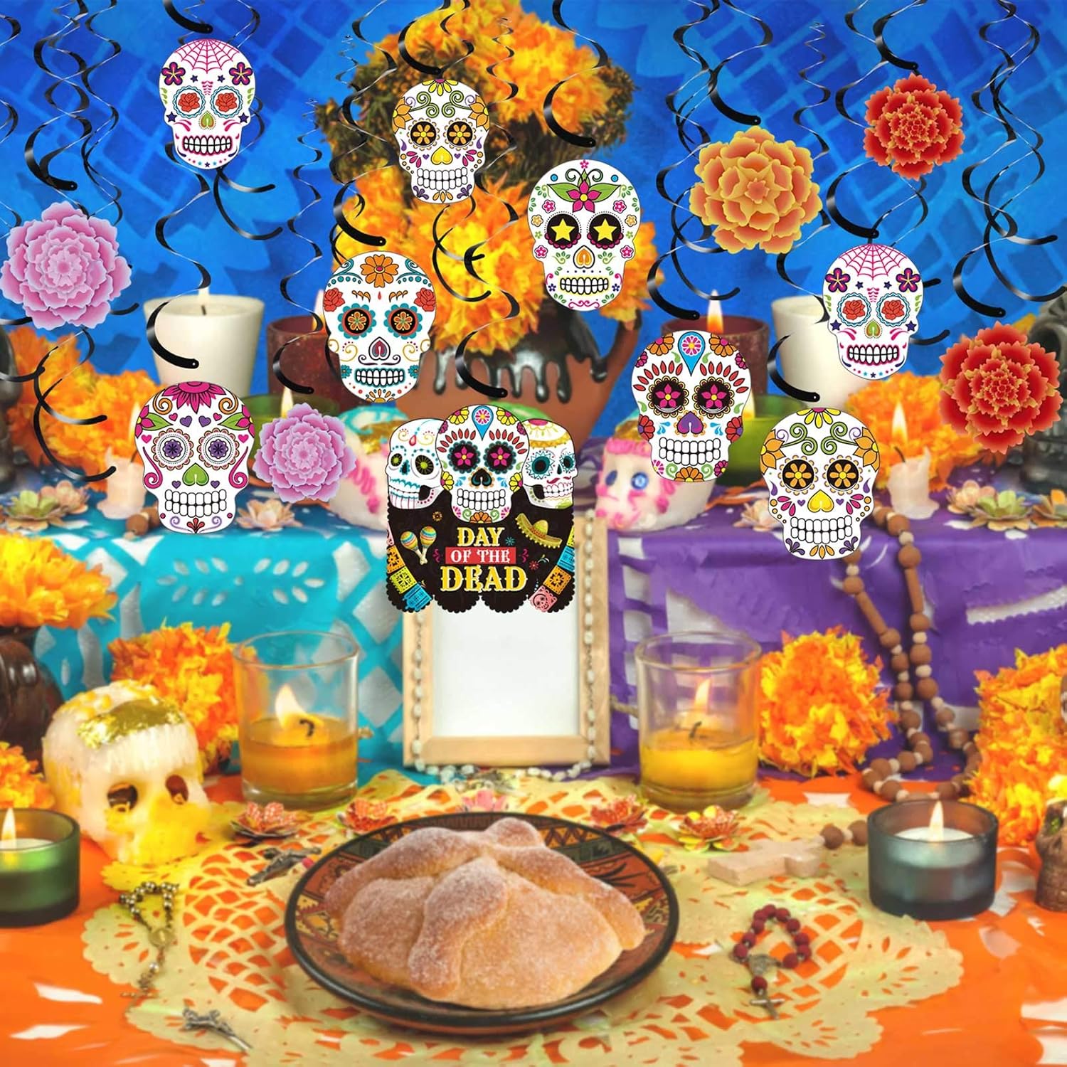 30 remolinos de papel de aluminio del Día de los Muertos, decoraciones de Halloween, calavera de azúcar, flores colgantes en el techo, remolinos de