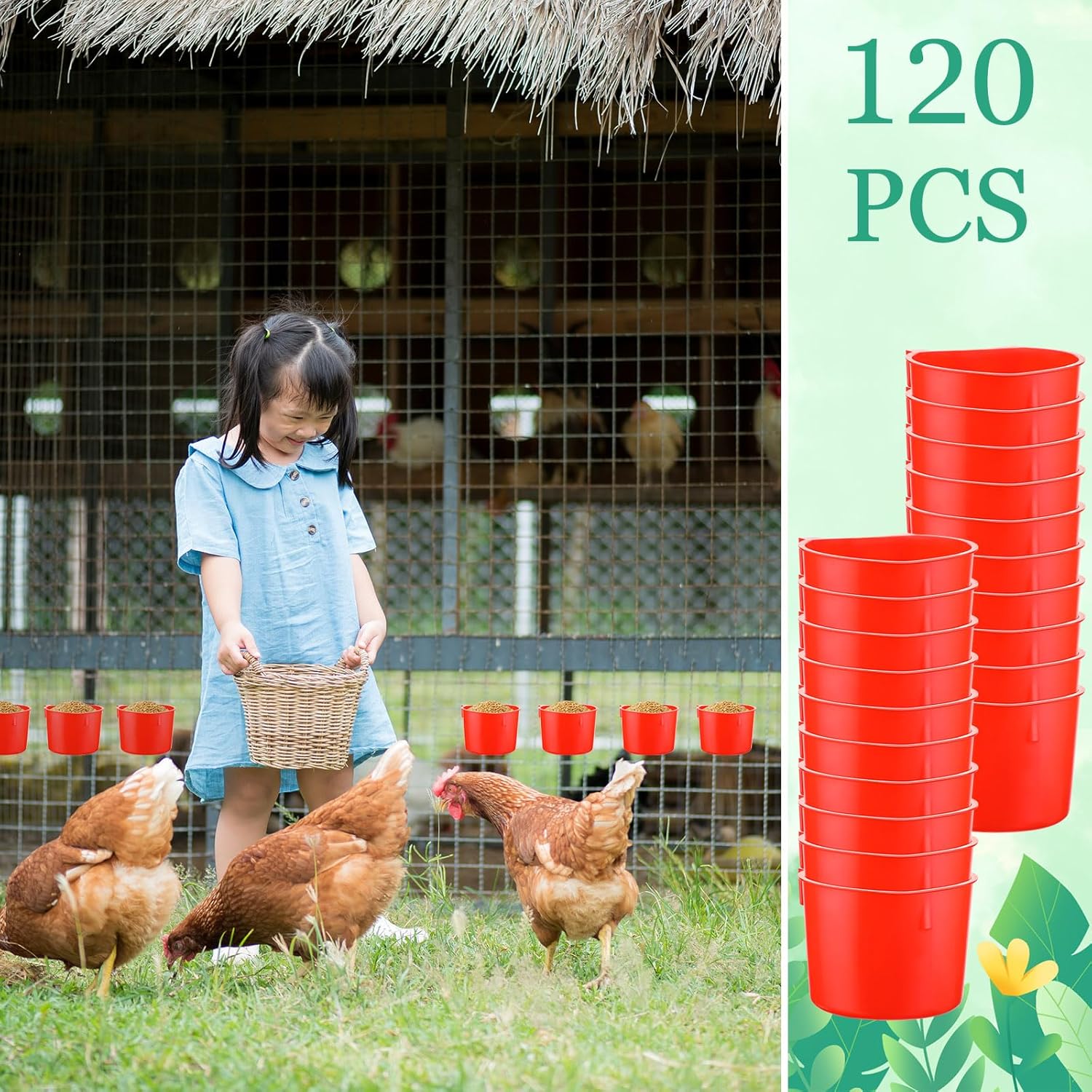 Ziliny 120 tazas de jaula para pollos y pájaros, tazas de plástico colgantes para pollos y bebederos de 8 onzas para suministros de Gamefowl para