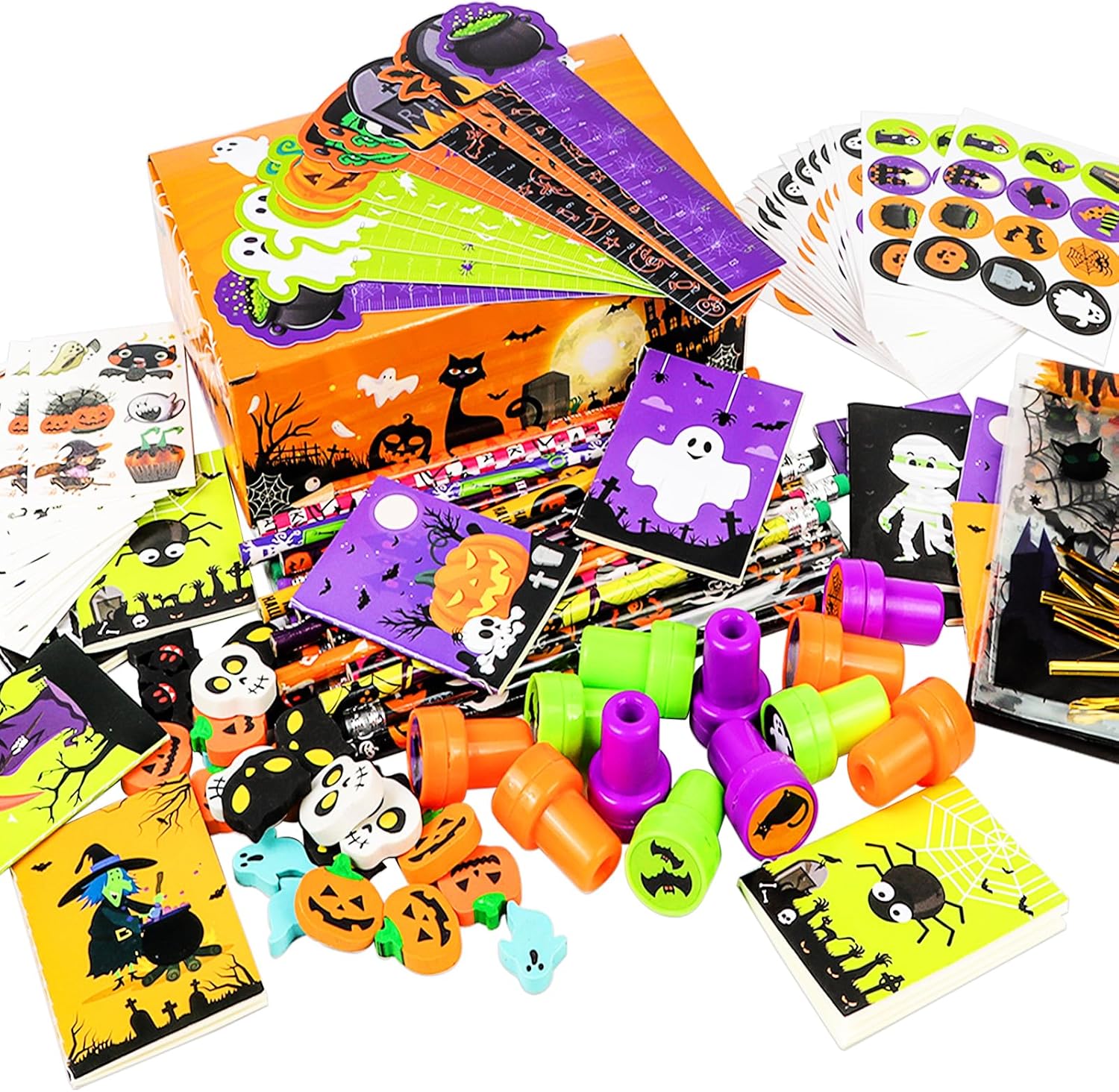 Juego de papelería de Halloween para niños, 144 piezas de regalos de fiesta de dulce o truco, regalos para niños, suministros de fiesta escolar,