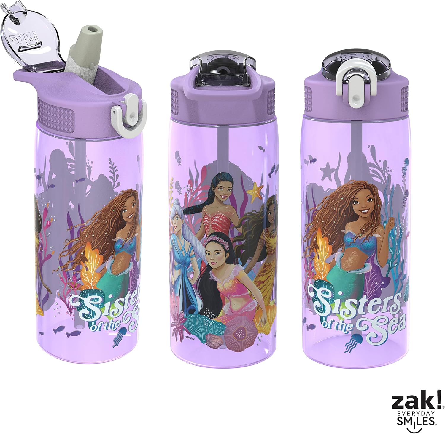 Zak Designs Disney La Sirenita 2023 Botella de agua, niños, escuela o viajes, 25onzas, plástico duradero, boquilla antimicrobiana abatible, tapa,