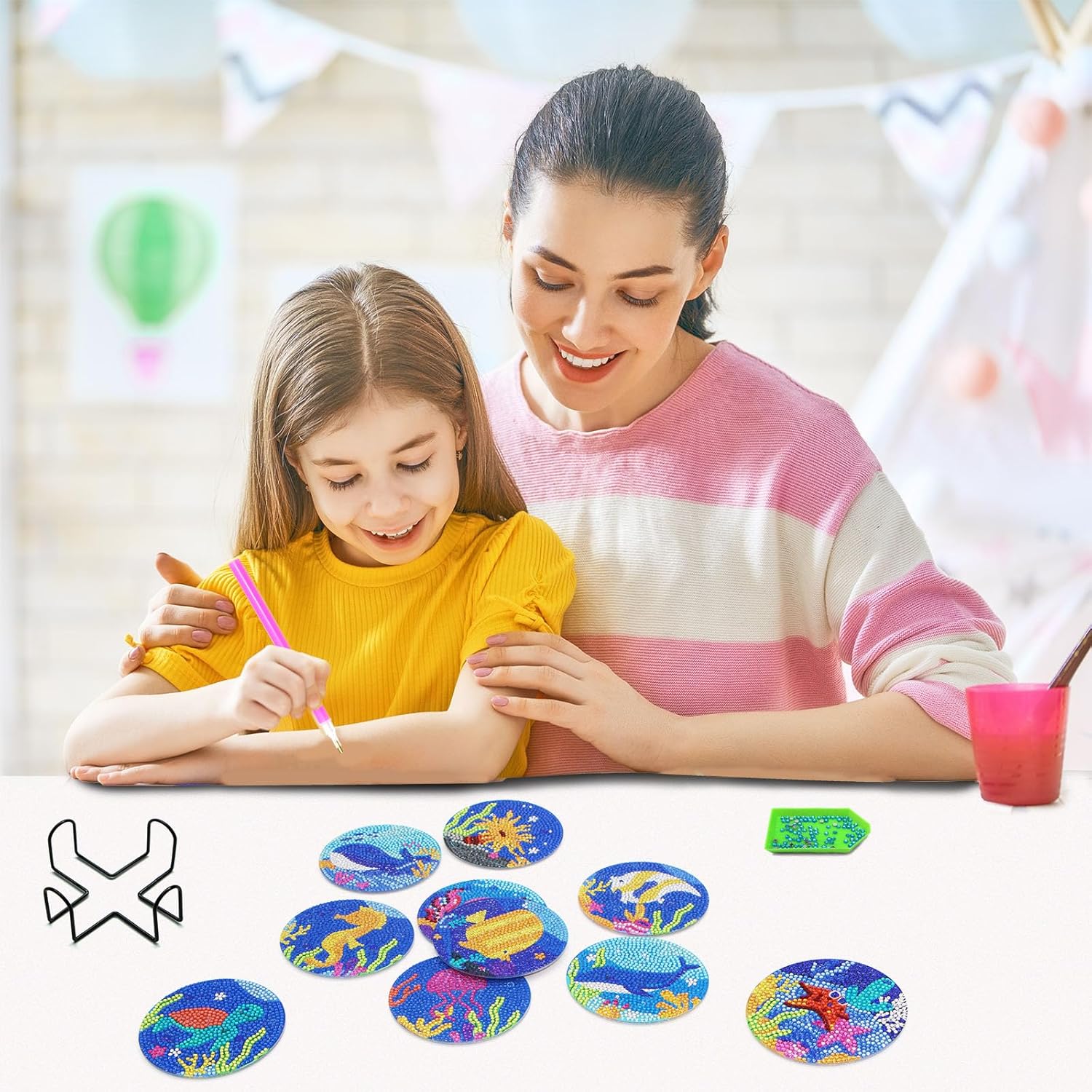 Libfx Kit de posavasos de arte de diamante con soporte, 10 posavasos de arte de diamante para adultos, niños, principiantes, regalos de manualidades