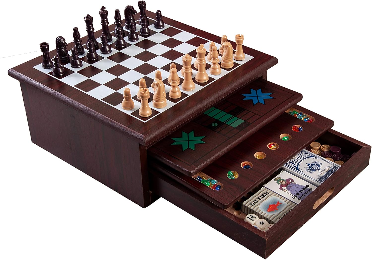 Juego de ajedrez, damas y juego 15 en 1