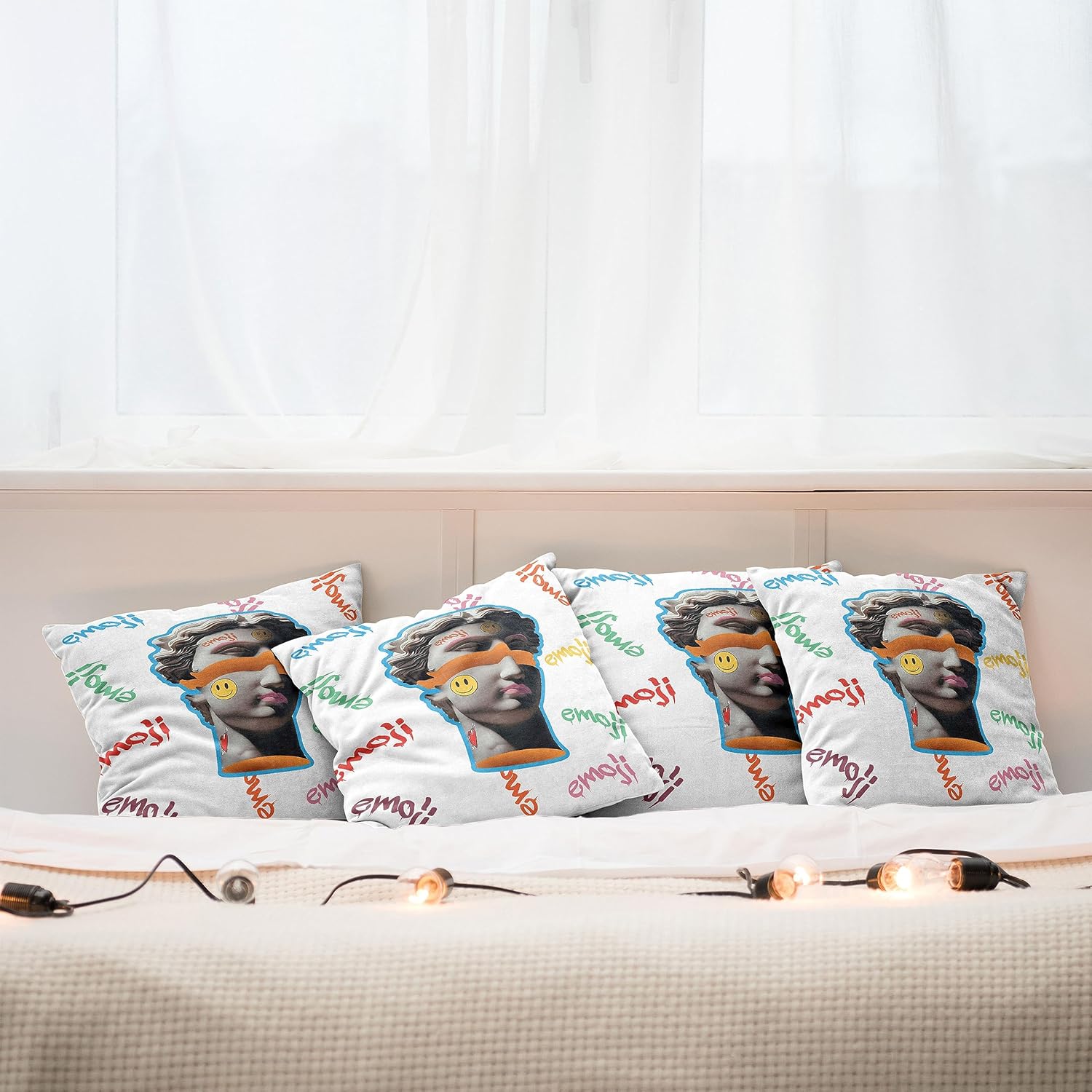 Ambesonne Emoji Decorative Throw Pillow Case Pack of 4, Modern Illustration of Antique Sculpture Portrait Graffiti Shapes and Forms, Cushion Cover
