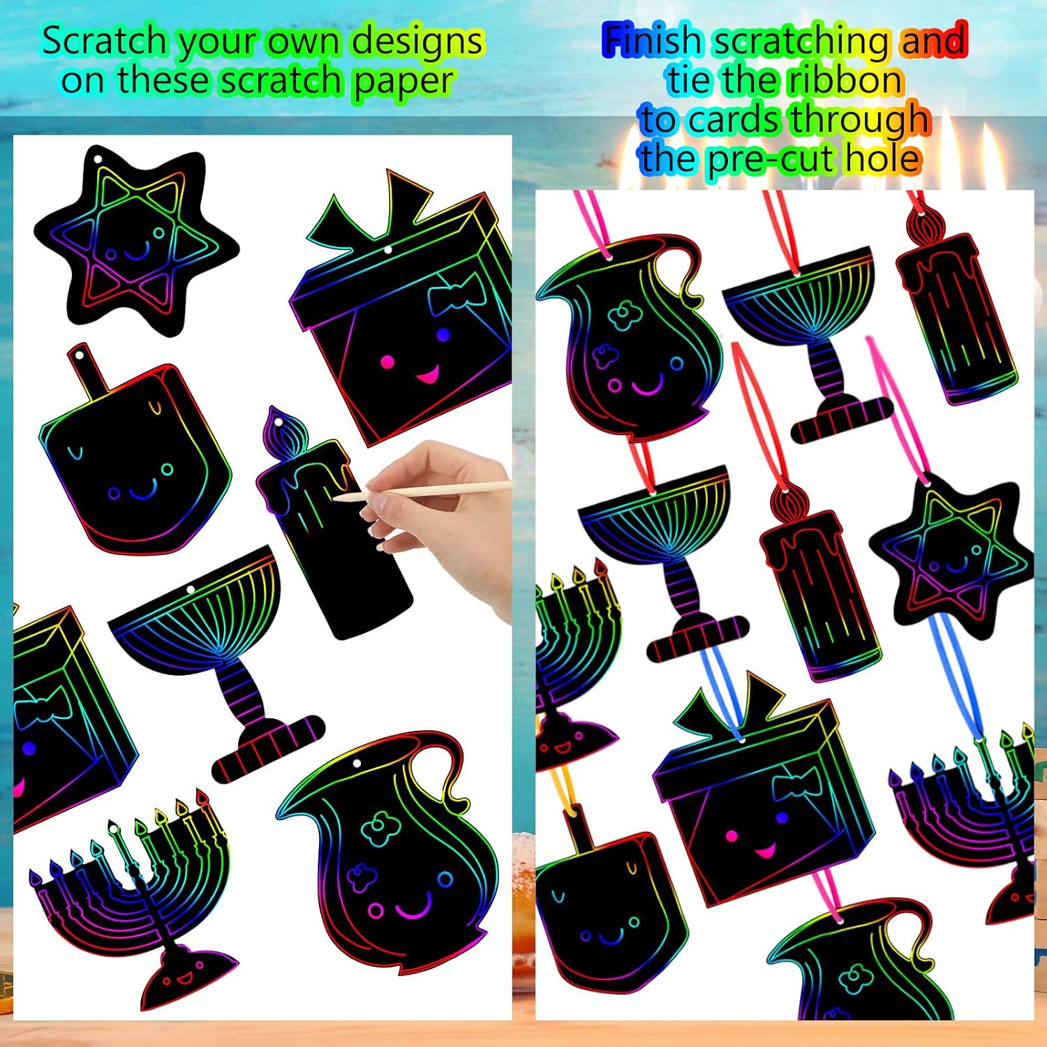Qilery Juego de 64 tarjetas rascadoras de Janucá para manualidades, suministros de fiesta de Hanukkah, color arcoíris con lápices de madera, kit de