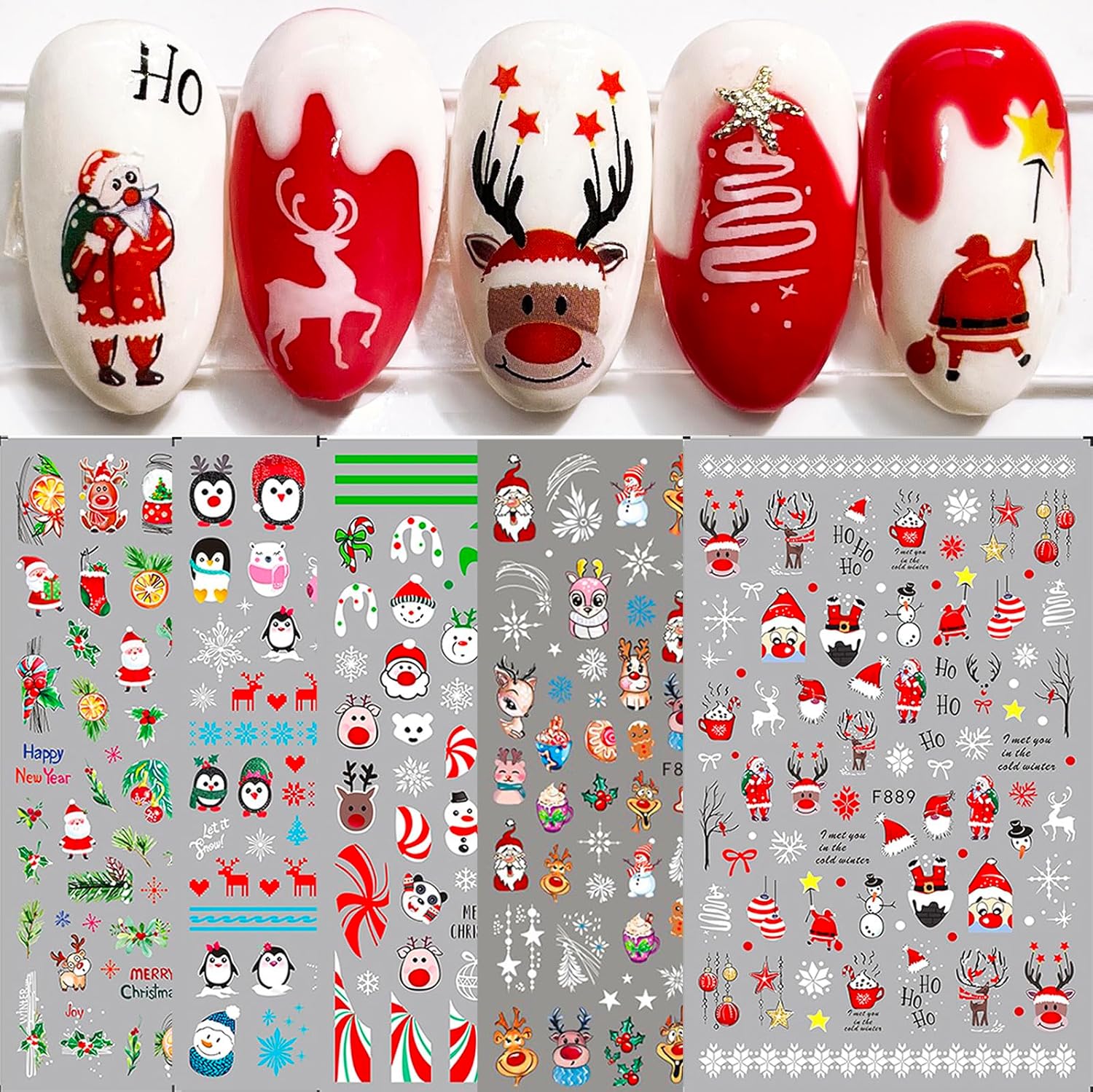 10 hojas de calcomanías de arte de uñas de Navidad, calcomanías autoadhesivas, uñas, vacaciones, niños, lindos copos de nieve rojos de Navidad,