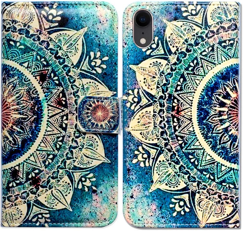 Bcov Funda para iPhone XR, diseño de mandala circular verde con tarjetero y soporte para tarjeta y soporte para iPhone XR