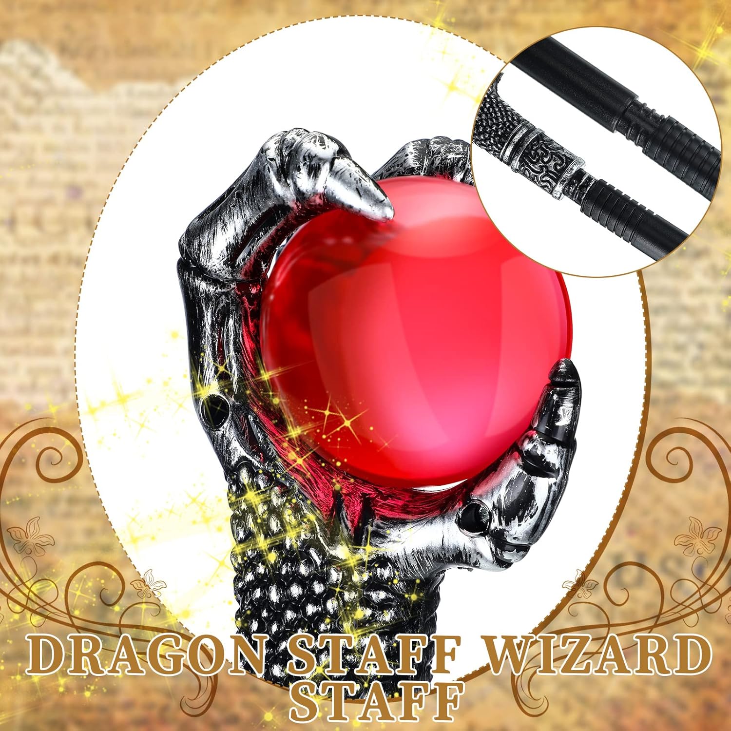 Juego de 2 accesorios de disfraz de mago, incluye garra de dragón de fuego, orbe rojo, accesorio decorativo, bastón para caminar y capa con capucha,