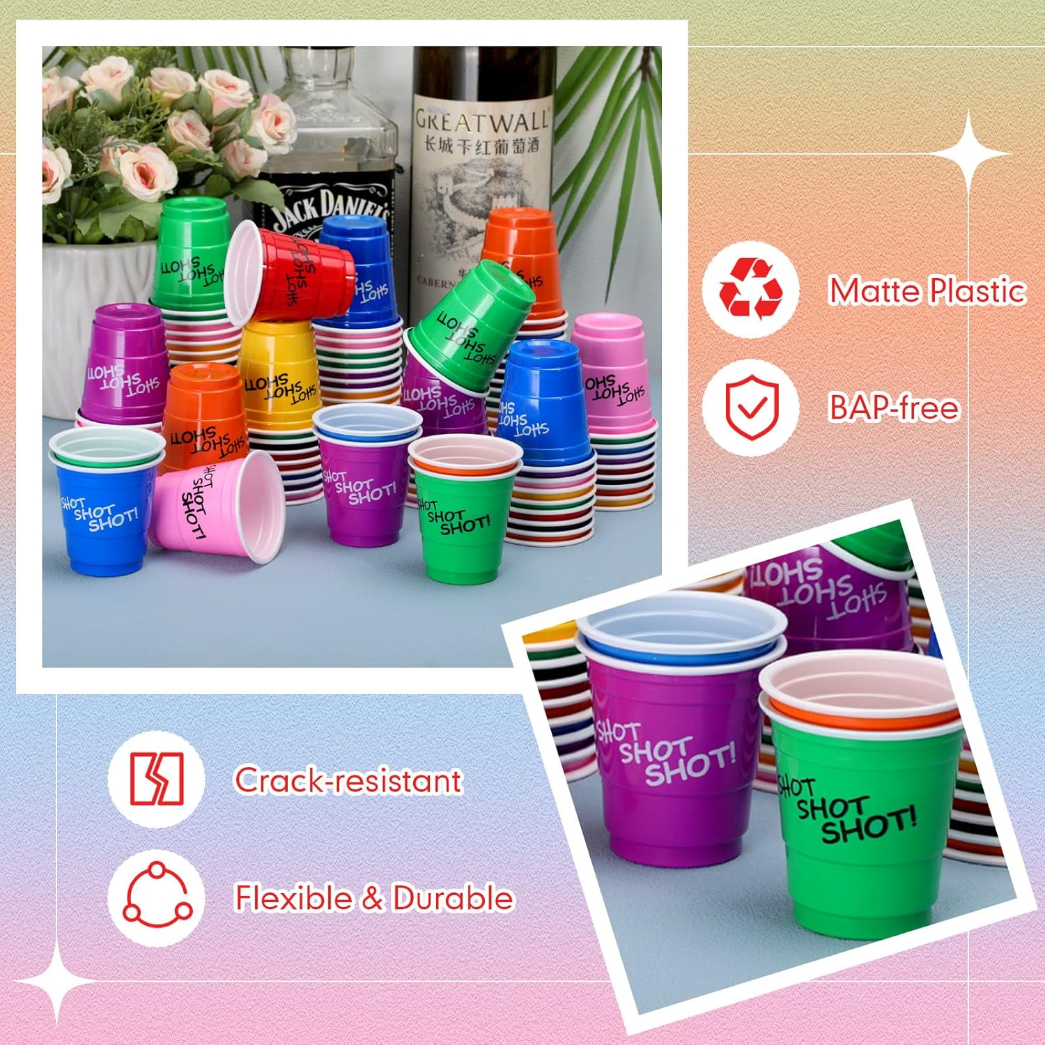 Lounsweer 200 vasos de chupito de plástico de 2 onzas, vasos desechables para fiesta, mini tazas para despedida de soltera, cumpleaños, degustación